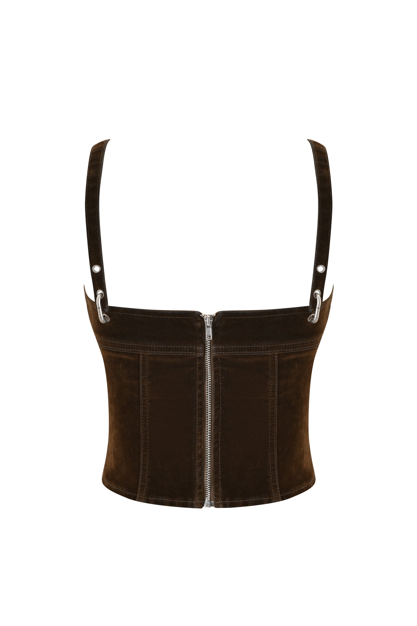 The VIVAINE DENIM CORSET TOP - NEUTRAL by I.AM.GIA is a corset-style top with thin straps, silver hardware, visible seams, and a back zipper, featuring a vintage brushed finish and shown on a white background.