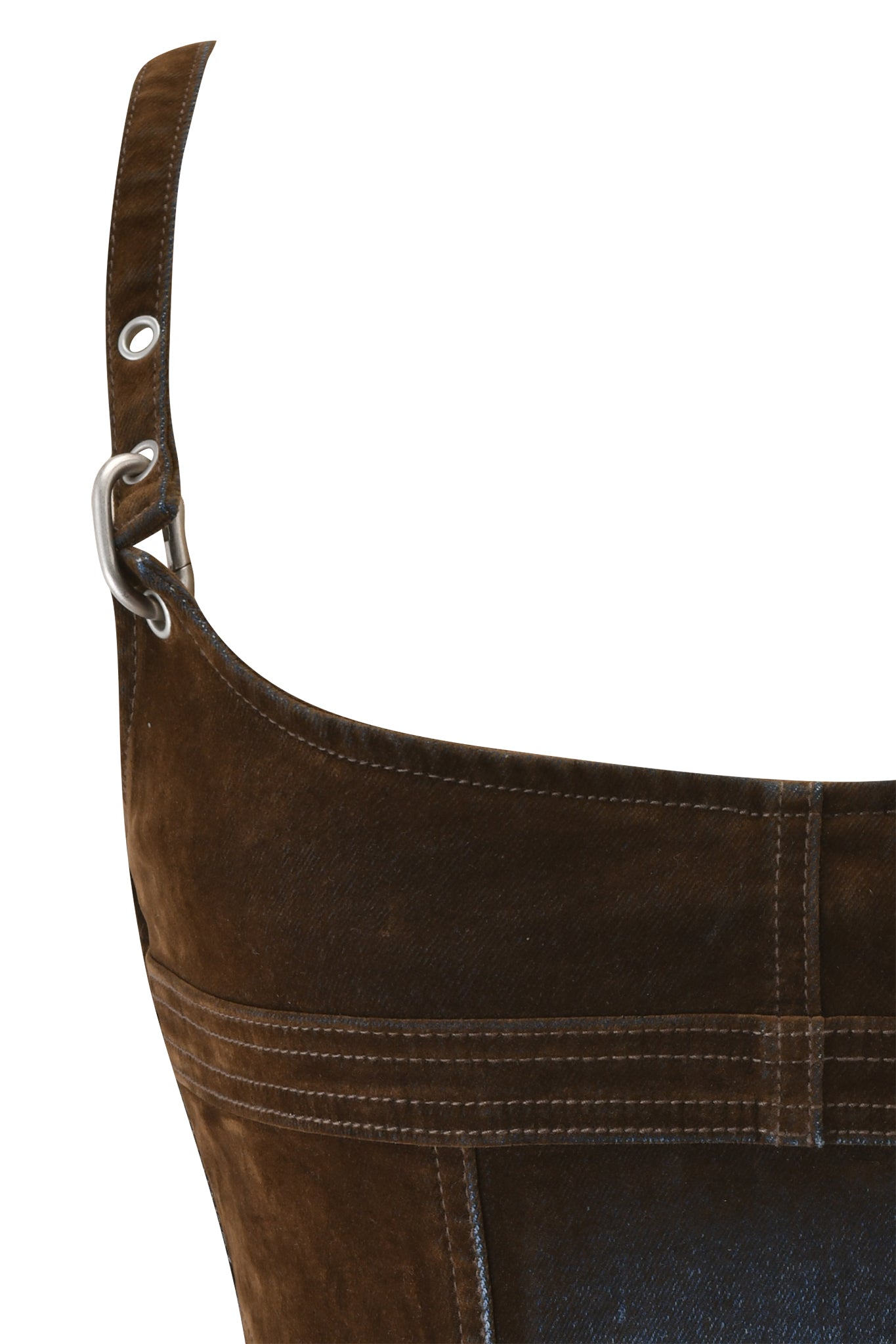 Close-up of the VIVAINE DENIM CORSET TOP in Neutral by I.AM.GIA, showcasing a strap with metal buckle and grommet, visible stitching, and structured seam detailing for a vintage brushed look against a white background.