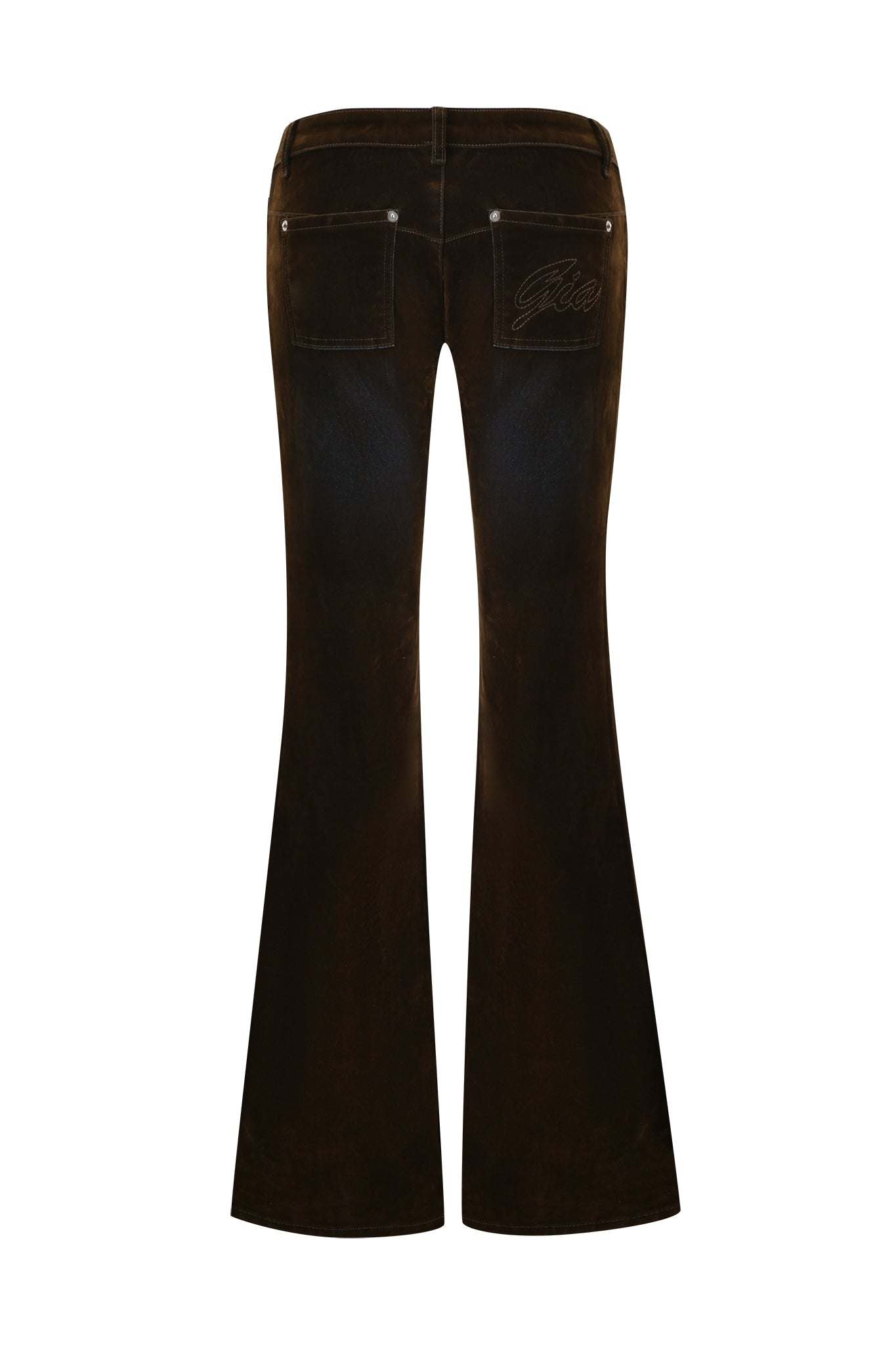 The VIVAINE DENIM PANT - NEUTRAL by I.AM.GIA features a flared leg, two back pockets, and subtle stitching details for a vintage-inspired look in dark brown velvet.