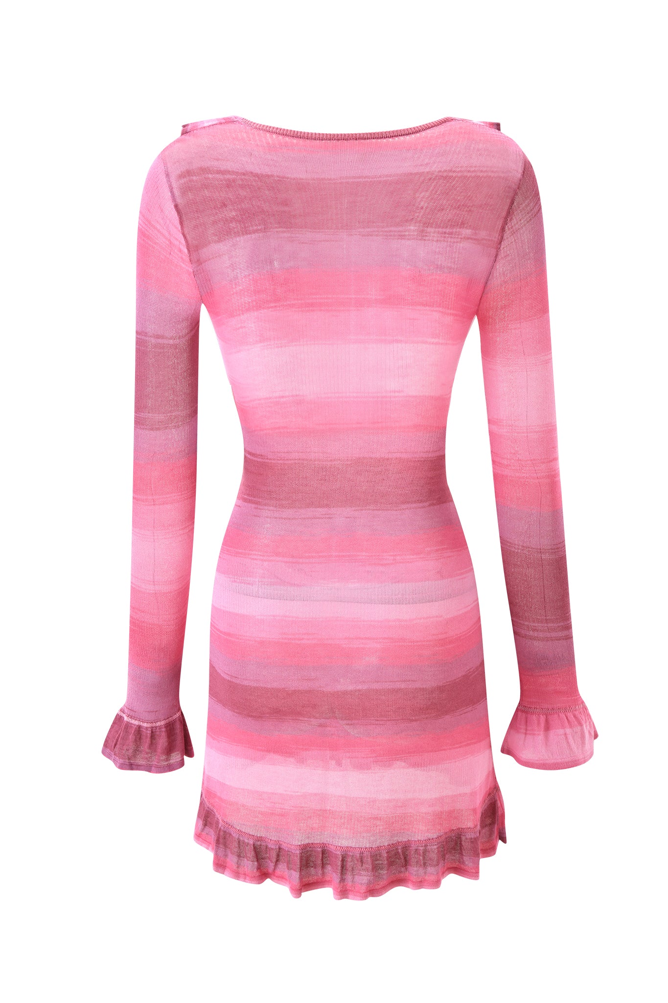Back view of the NERISSA KNIT MINI DRESS by I.AM.GIA, featuring pink and mauve stripes plus ruffled cuffs and hem—perfect for highlighting this playful striped mini dress.