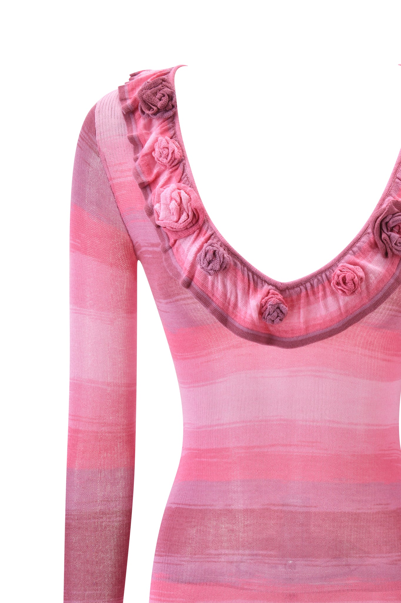 A close-up of the I.AM.GIA NERISSA KNIT MINI DRESS in pink stripe, featuring long sleeves, a deep scoop neckline with fabric rose appliqués, and horizontal stripes.