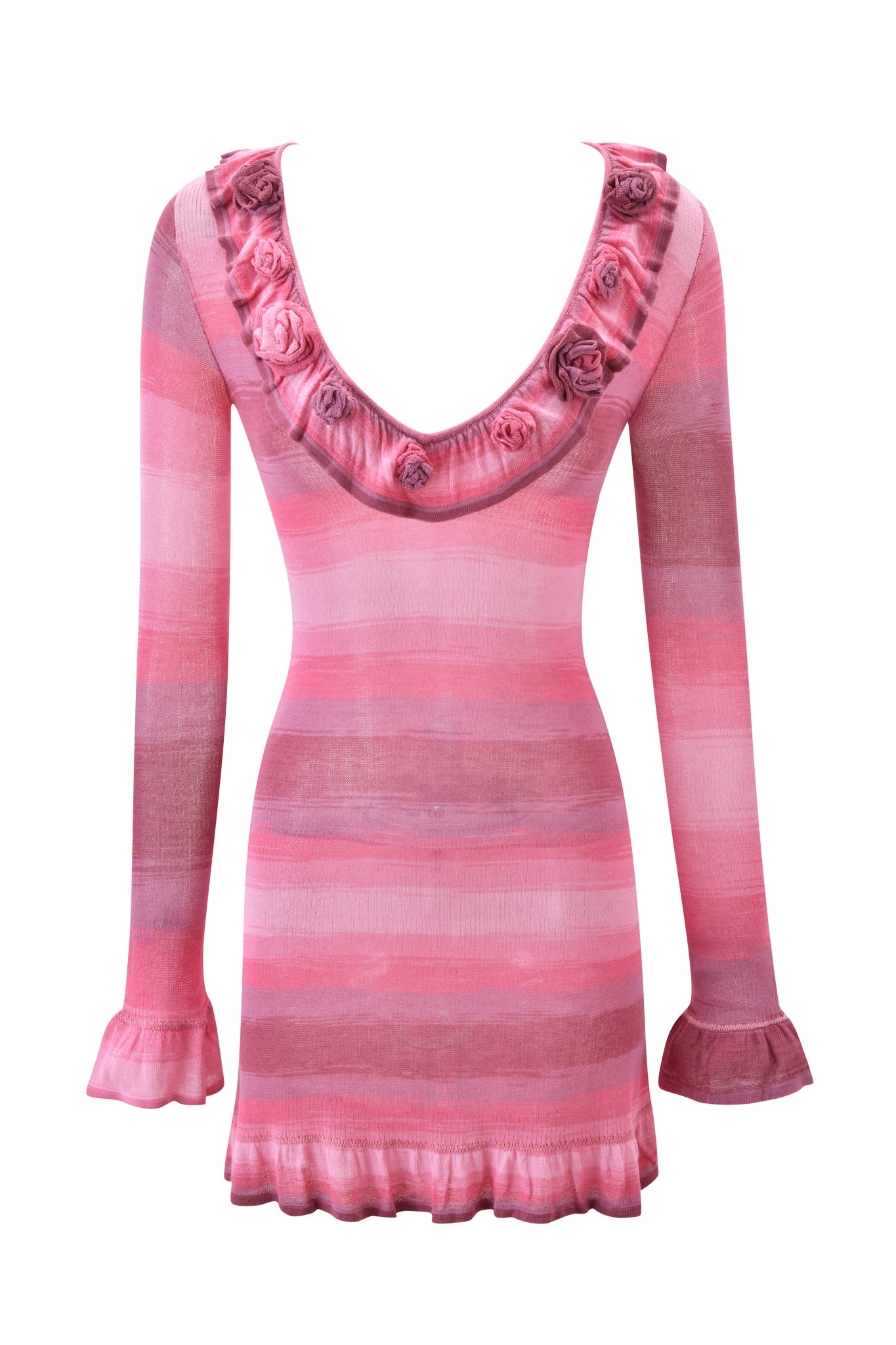 The I.AM.GIA NERISSA KNIT MINI DRESS in pink stripe features long sleeves, a deep scoop neckline with fabric roses, ruffled cuffs and hem, and a fitted, slightly flared silhouette.