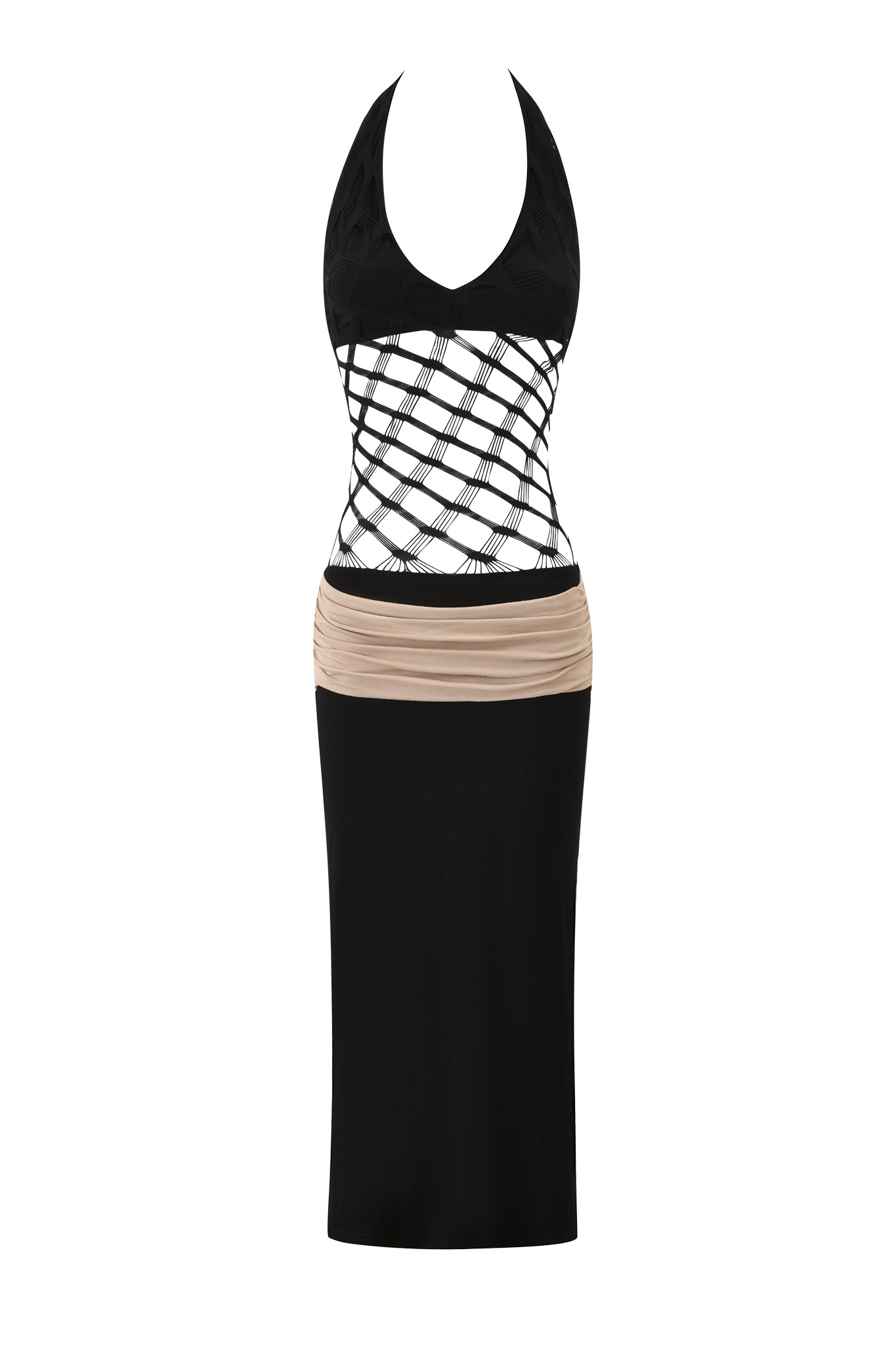 The ZOREEN MIDI DRESS - BLACK by I.AM.GIA is a sleeveless, black halter midi dress with a fishnet bodice, crisscross straps, white background detail, ruched beige waistband, and a fitted bamboo viscose jersey skirt.