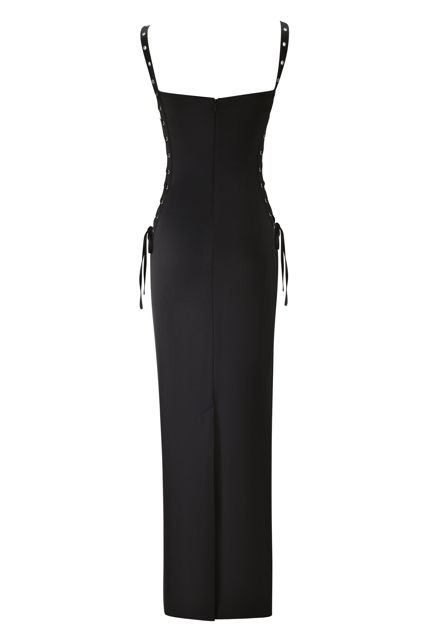 The ASHLEE MAXI DRESS by I.AM.GIA is a black fitted stretch satin dress with thin straps, straight neckline, lace-up side details, and a center back seam with hem slit for a striking bodycon silhouette.