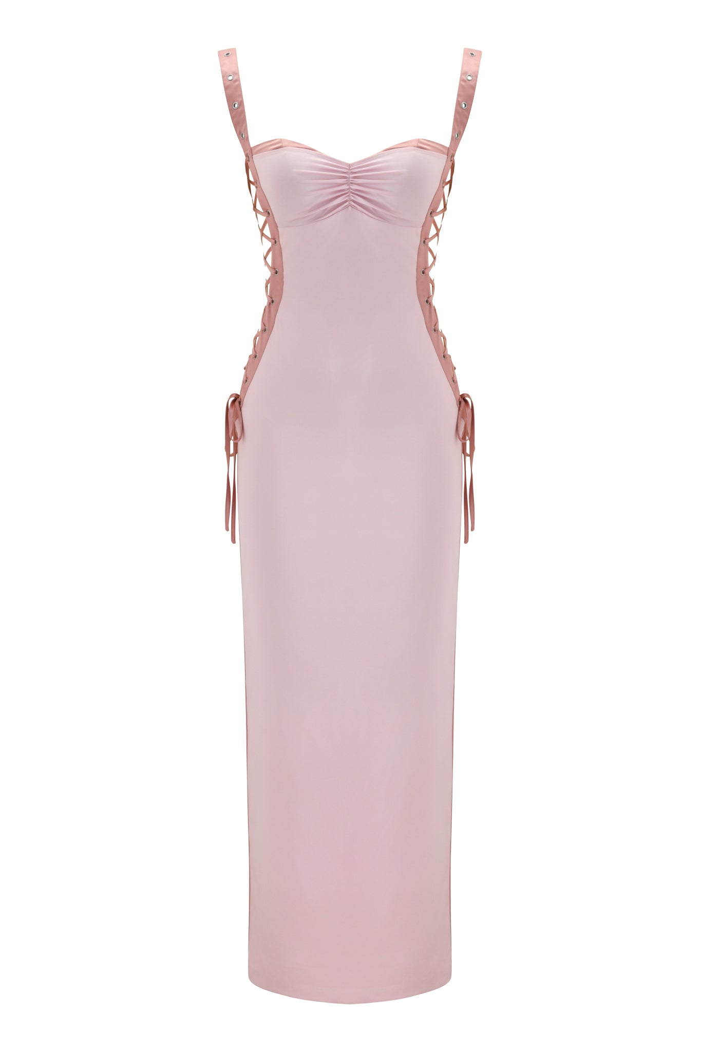 The ASHLEE MAXI DRESS by I.AM.GIA is a blush pink, sleeveless stretch satin dress featuring a sweetheart neckline, adjustable straps, ruched bust, lace-up sides with bows, and a shiny satin finish for an elegant touch.