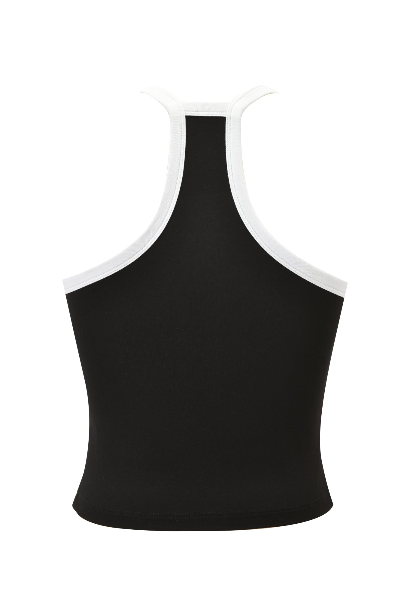 The I.AM.GIA BLARE V-NECK TANK in black and white is a sleeveless racerback top with white trim at the armholes, neckline, and shoulders. Made from soft viscose, it offers a body-hugging fit and is shown here from the back.