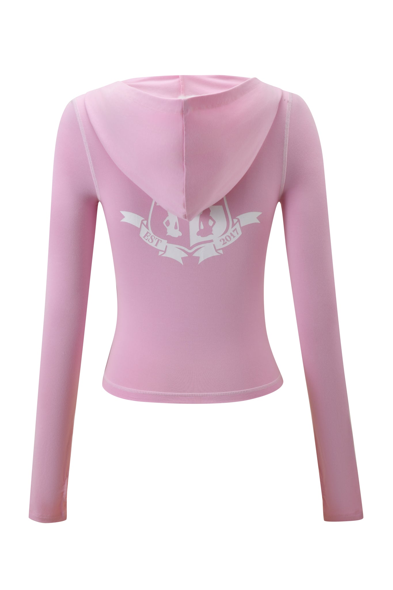 The I.AM.GIA BLARE PIPING HOODIE in baby pink and white features long sleeves, a cropped fit, hood, stretchy material, and a back graphic with two faces and "EST 2021.