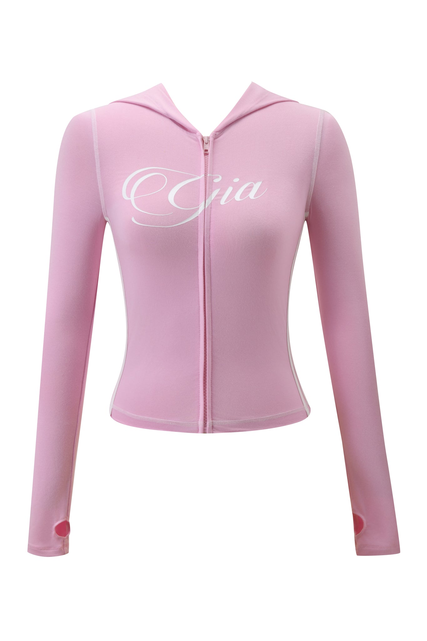 The I.AM.GIA BLARE PIPING HOODIE in baby pink and white features long sleeves, thumb holes, and a white "Gia" script graphic across the chest.