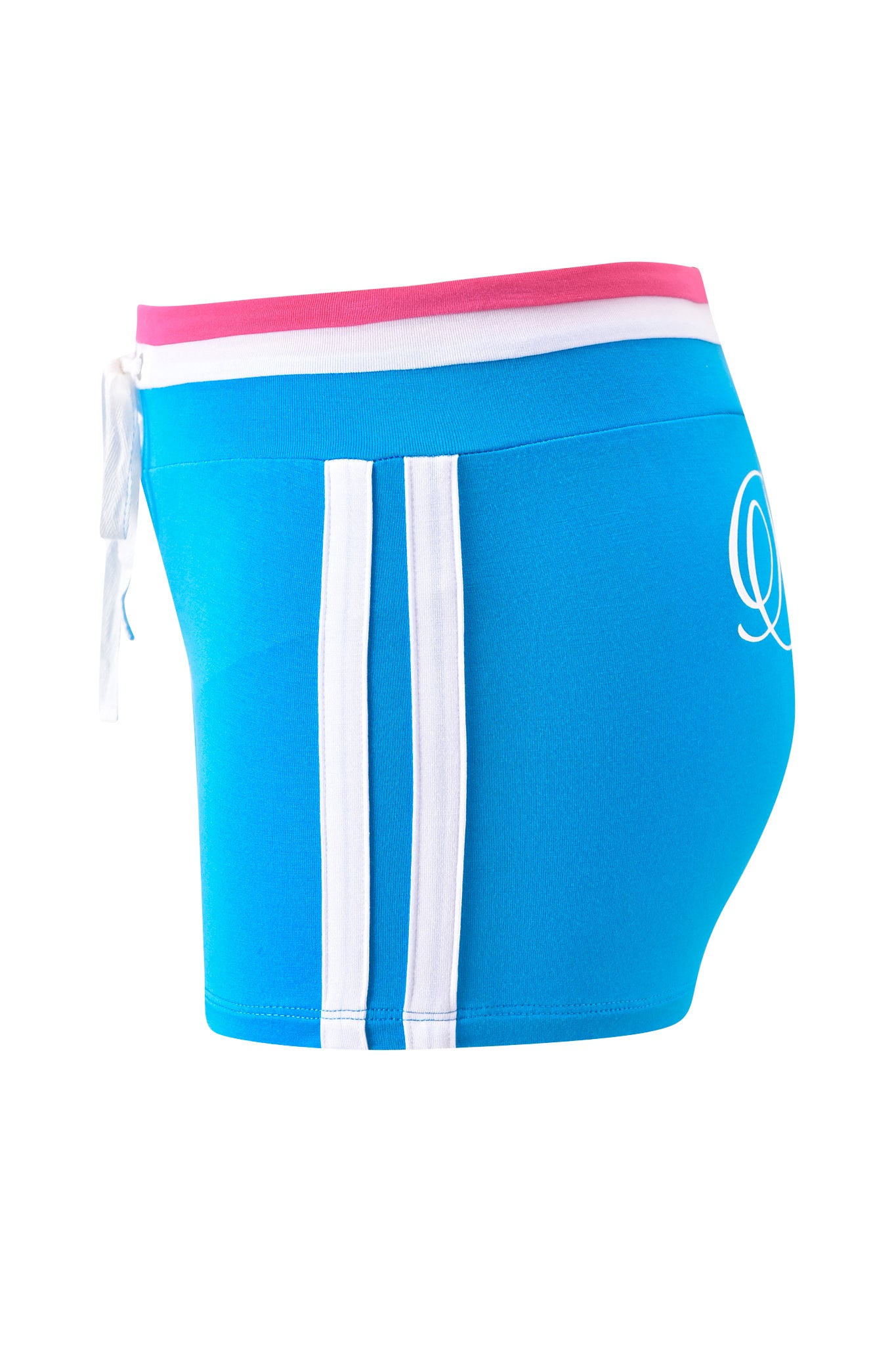 Side view of the I.AM.GIA BLARE STRIPED SHORT in sky blue, featuring two vertical white stripes, a pink and white waistband, small side tie, and stretchy fitted fabric inspired by signature I.AM.GIA style.