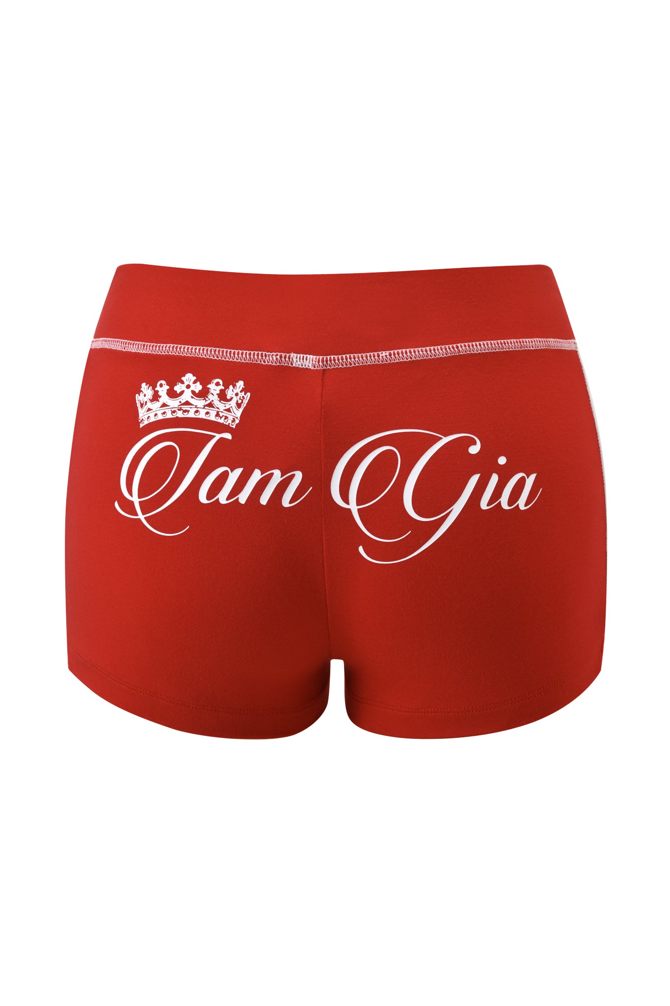 The BLARE PANELLED SHORT - RED by I.AM.GIA is a sporty micro short with white stitching, crafted from soft bamboo fabric. Features a white crown graphic and "Tam Gia" script across the back—true to I.AM.GIA style.