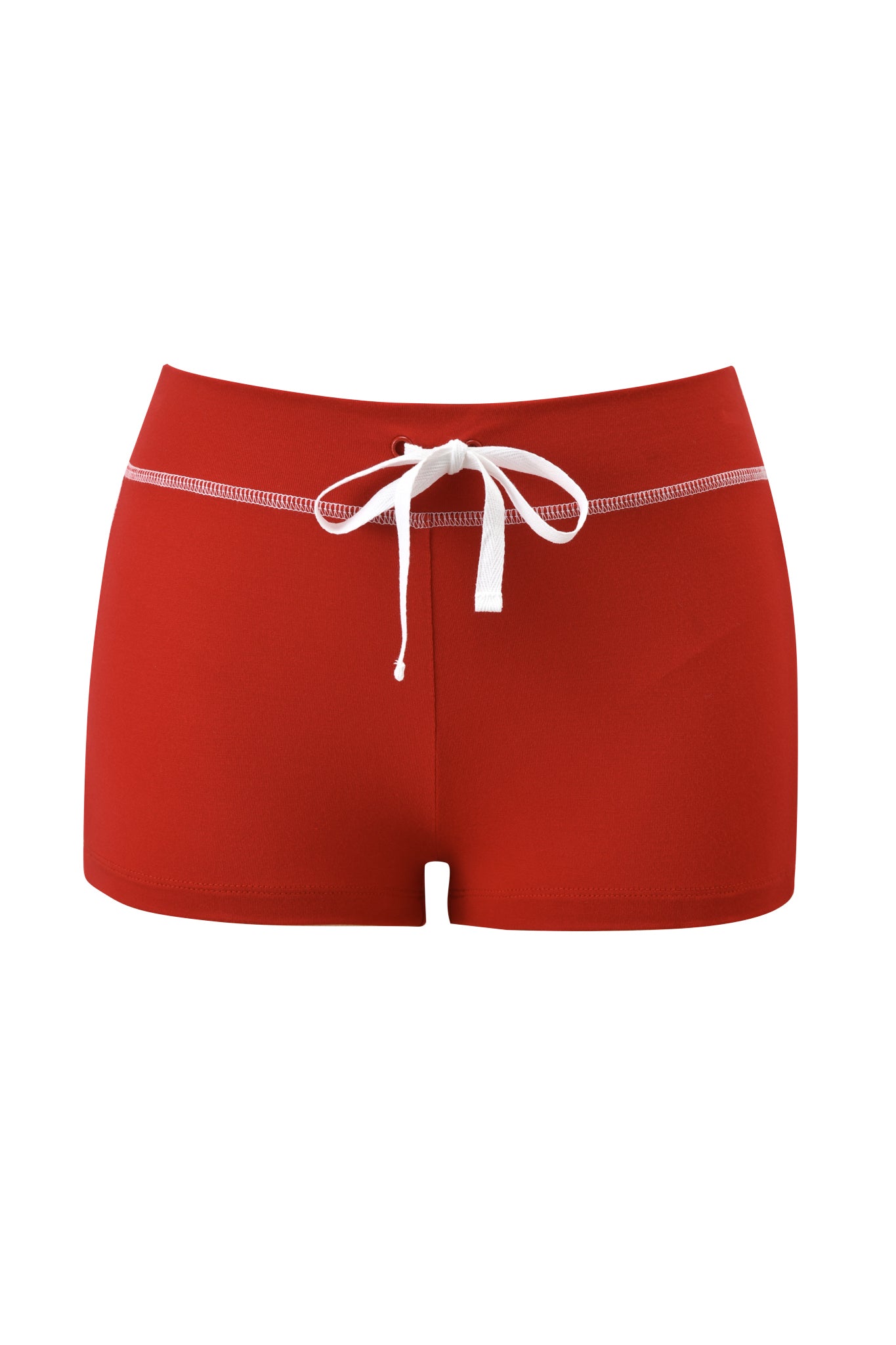 The I.AM.GIA BLARE PANELLED SHORT - RED features a sporty, fitted design with white stitching and a drawstring at the waistband, finished in vibrant red and displayed against a white background.