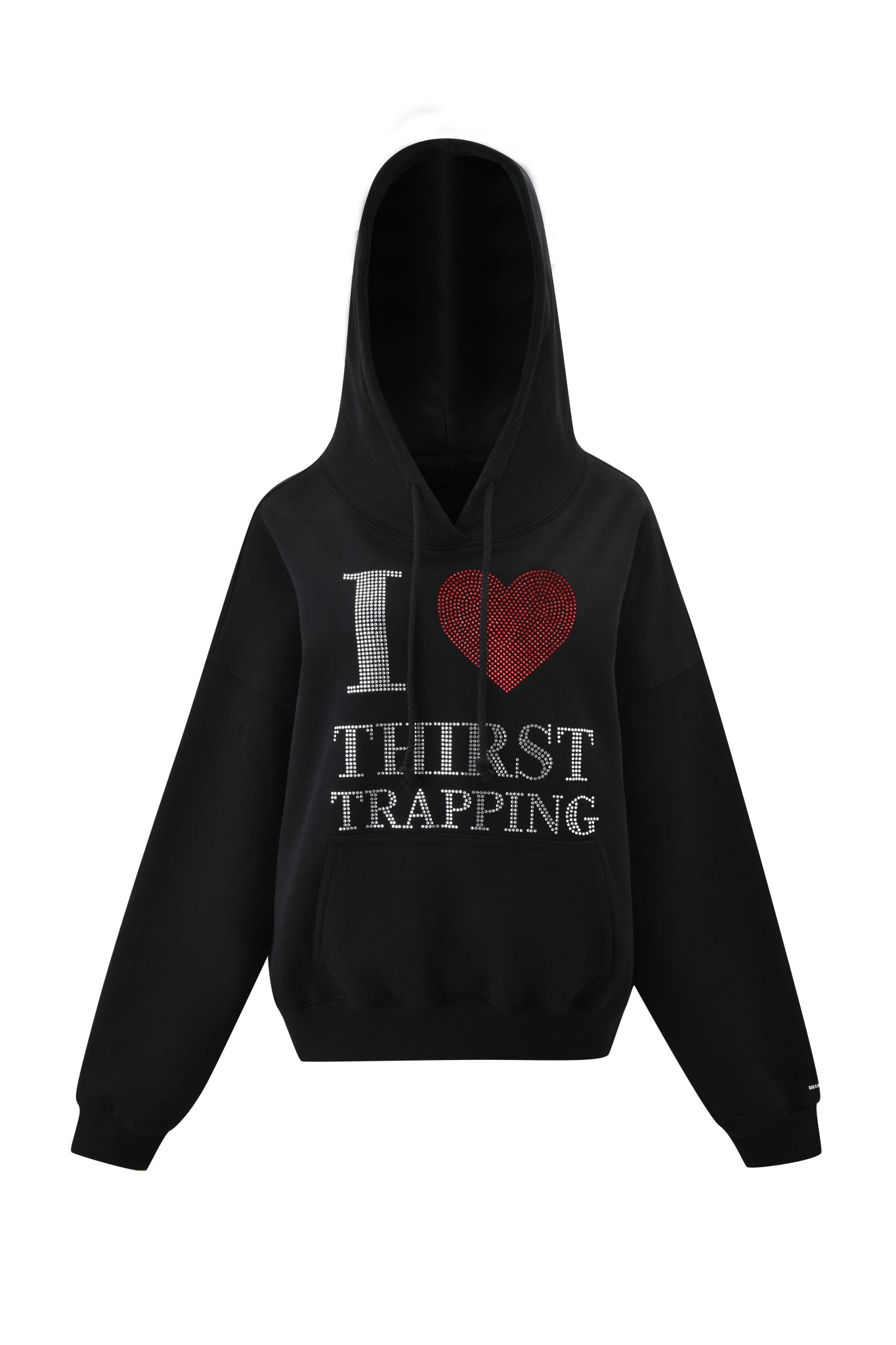 The I.AM.GIA POLINA HOODIE - THIRST TRAPPER is a black hoodie with a front pocket, drawstring hood, and "I ♥ THIRST TRAPPING" in white and red diamanté for bold, sparkling style.