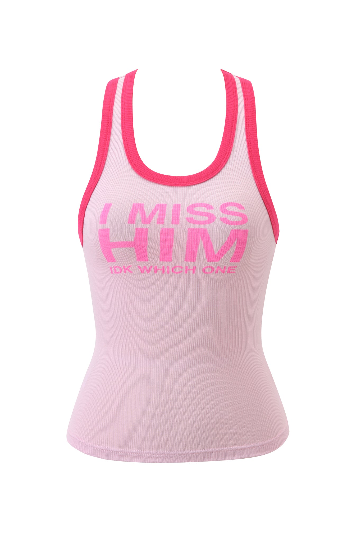 The POLINA TANK - IMY by I.AM.GIA is a light pink rib knit tank with darker pink trim, featuring "I MISS HIM IDK WHICH ONE" in bold pink letters on the front.