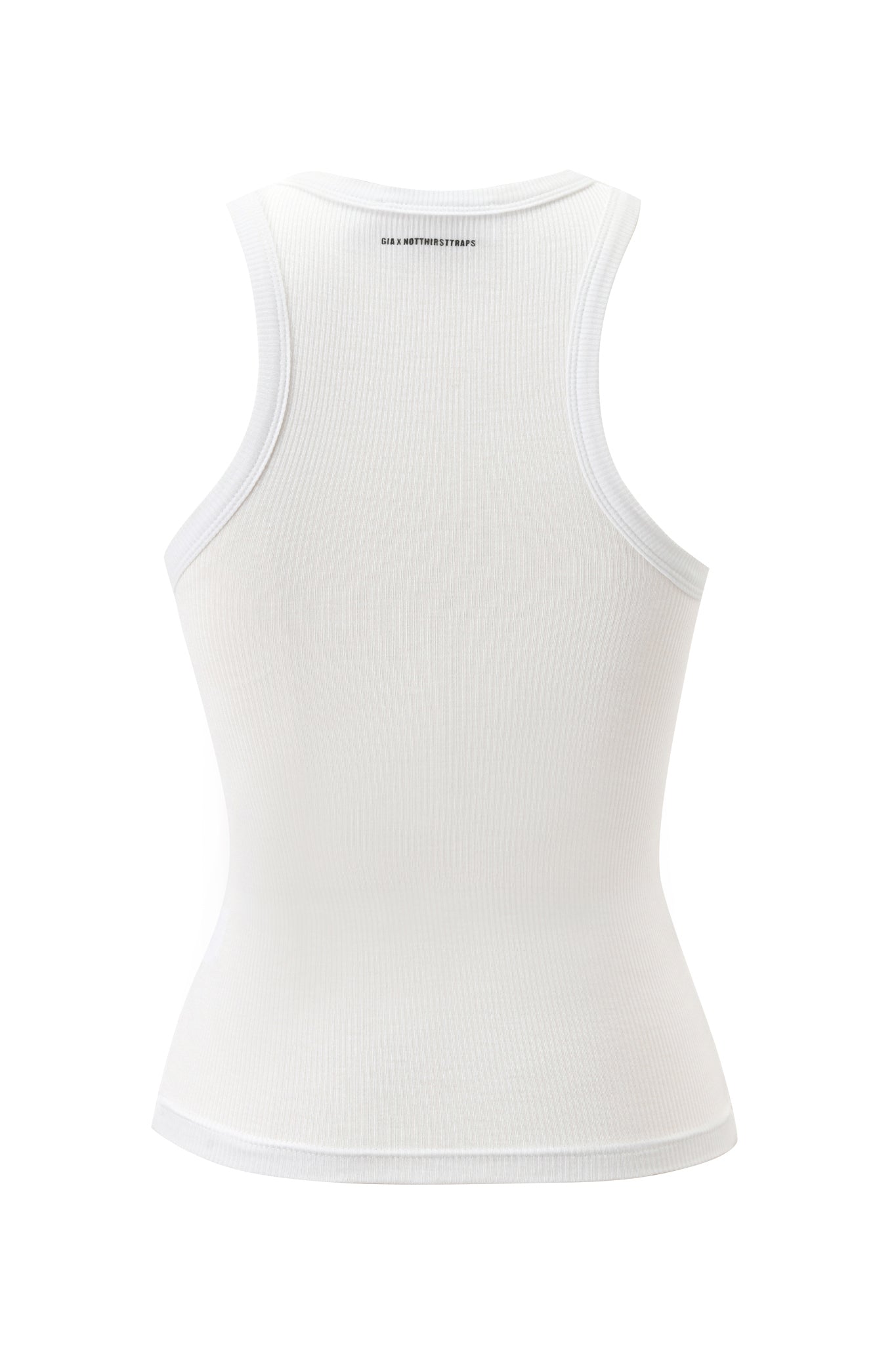 The I.AM.GIA POLINA TANK - IMAGINE is shown from the back, highlighting its racerback design, fitted silhouette, rib knit texture, and neatly finished edges for a sleek appearance.