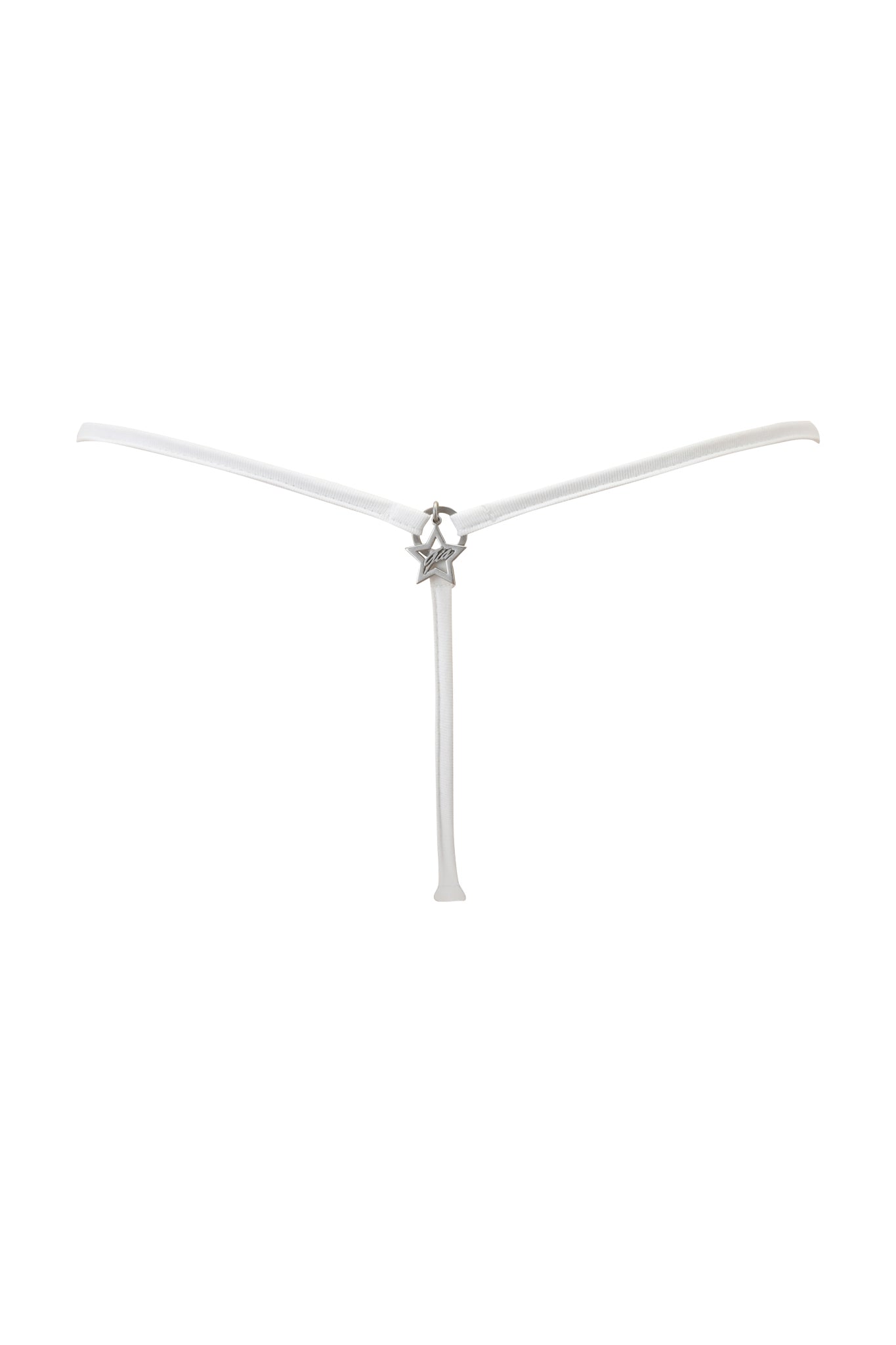 The POLINA G-STRING - MANIPULATOR by I.AM.GIA is a minimalist white micro thong featuring thin straps and a silver star charm at the front, designed with a sleek, low-rise fit and showcased on a plain white background.