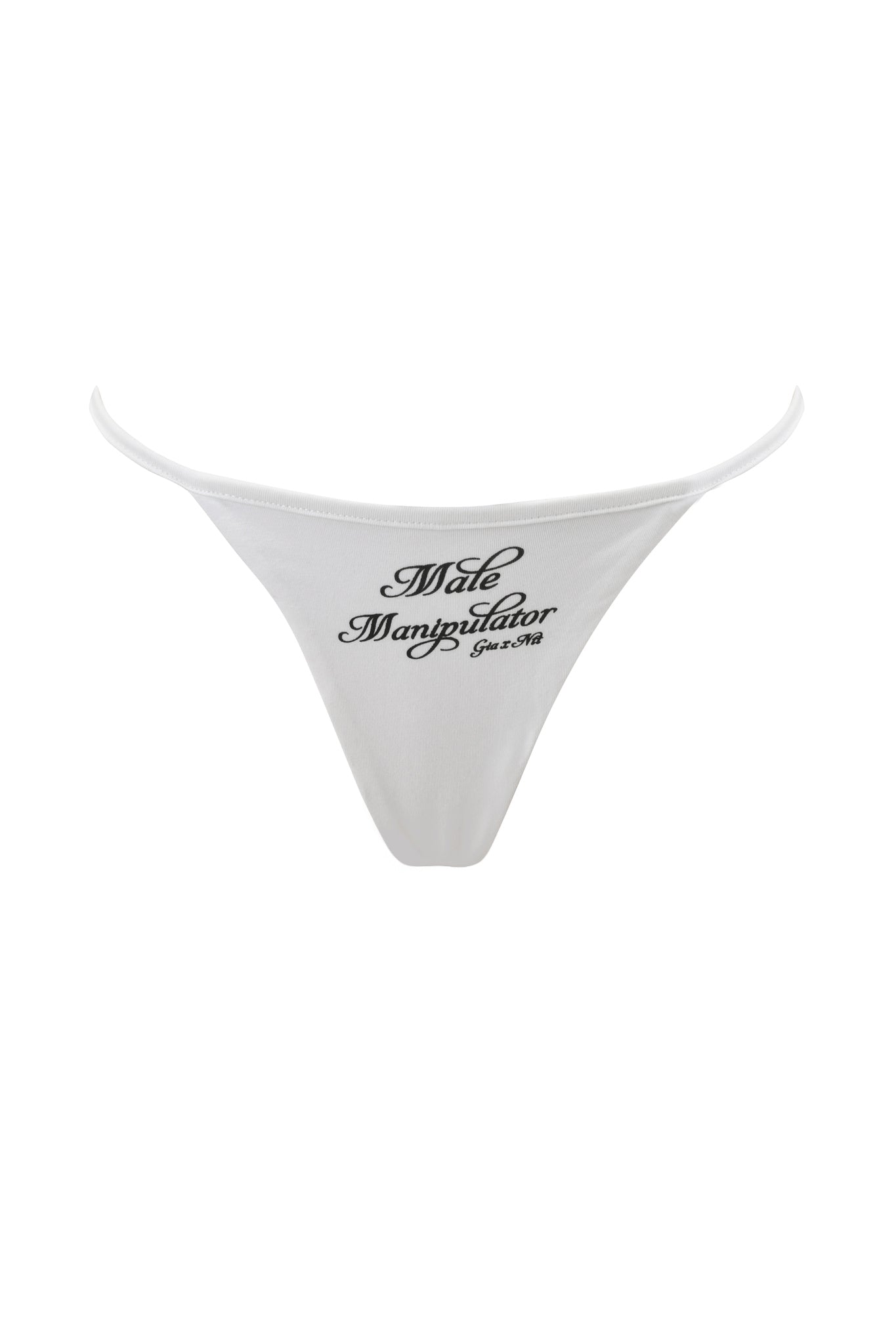 The POLINA G-STRING - MANIPULATOR by I.AM.GIA is a white micro thong with a low-rise fit, featuring "Male Manipulator Starter Kit" in black cursive text on the front.