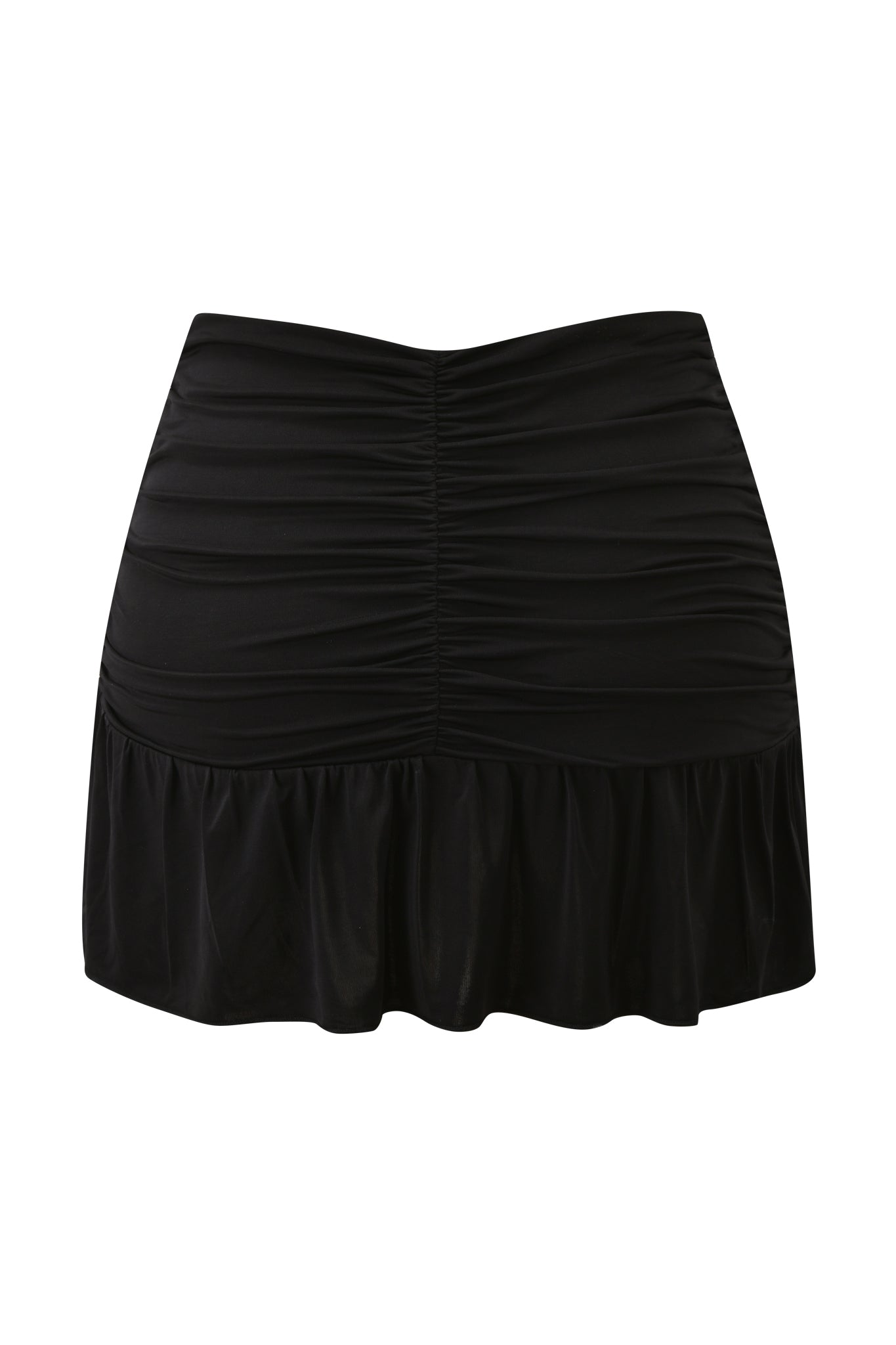 The I.AM.GIA ELYSIA MINI SKIRT in black features a slinky knit fabric, gathered ruching at the center, and a ruffled hem, shown on a plain white background.