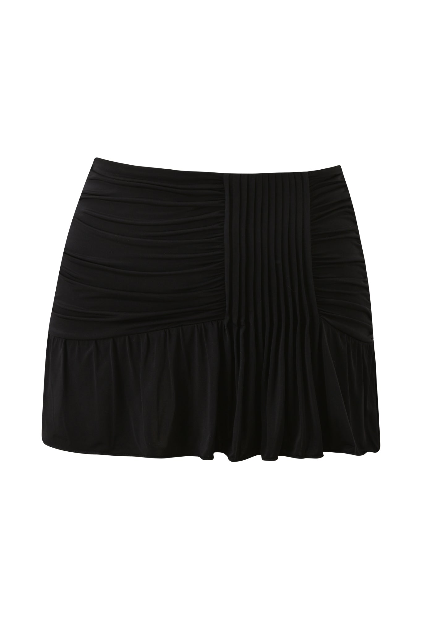 The ELYSIA MINI SKIRT - BLACK by I.AM.GIA features gathered ruched sides, vertical center pleats, and a subtle flared hem in a sleek black slinky knit.