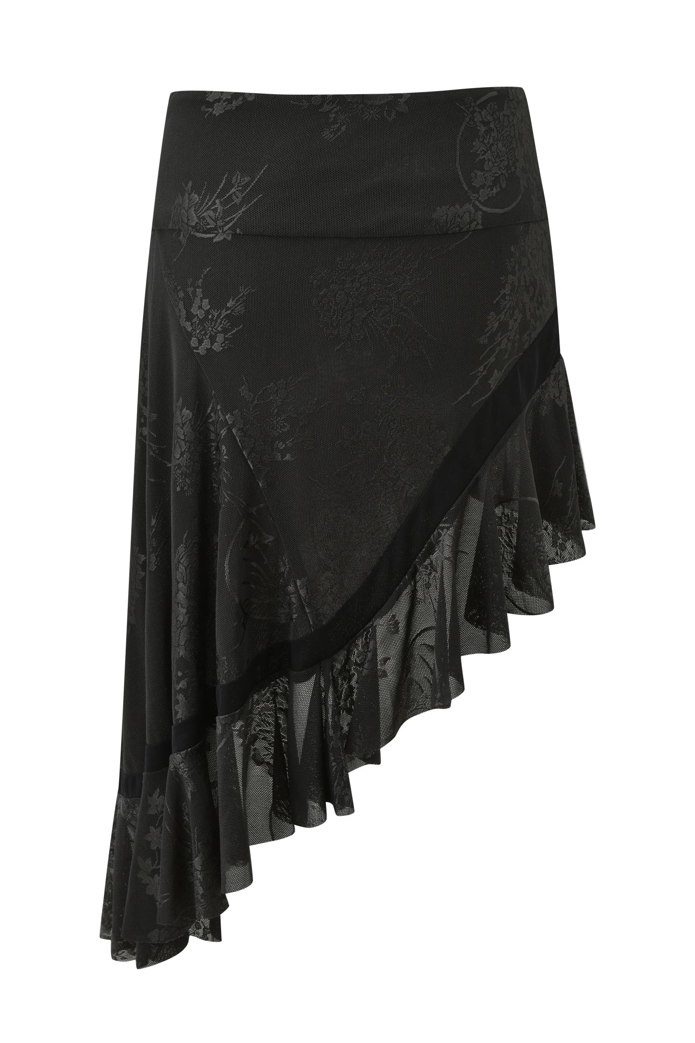 The ISOLAE Asymmetrical Mini Skirt by I.AM.GIA is crafted in black jacquard mesh with a floral pattern, ruffled hem, and angled cut for a flowy, layered silhouette with elegant dimension.