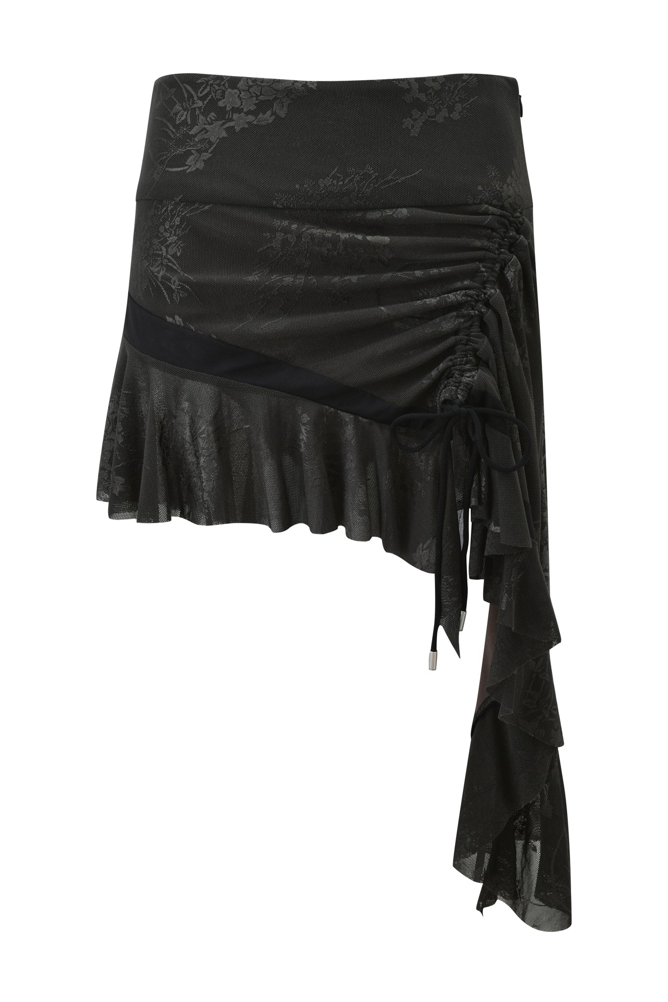 The ISOLAE Asymmetrical Mini Skirt by I.AM.GIA features a black jacquard mesh, ruched side detail, and cascading ruffle hem, crafted from lightweight, subtly shiny fabric.