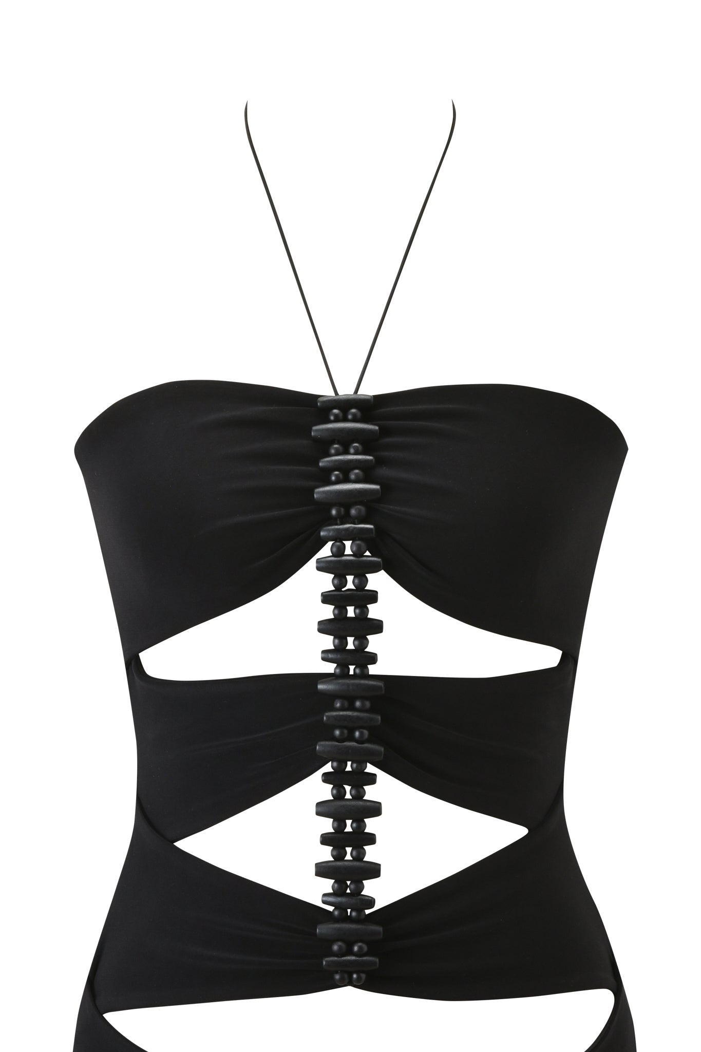 The FENNICK MINI DRESS by I.AM.GIA is a bold black bodycon mini with a halter neck, decorative beads connecting front cutouts, and ruched fabric for a striking geometric look.