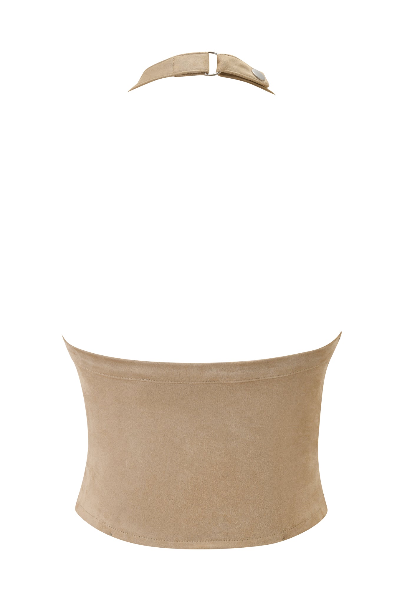 The ZEPHYR CAMI TOP - TAN by I.AM.GIA is a faux suede halter with a wide bandeau bodice, adjustable neck strap with metallic buckle, and distinctive back braiding that highlights its sleek look.