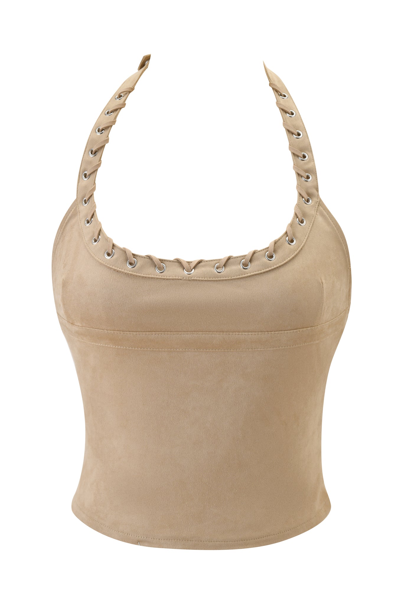 The ZEPHYR CAMI TOP - TAN by I.AM.GIA features a beige velvet halter design with a square neckline, lace-up grommet strap details, and subtle braiding for a chic finish.