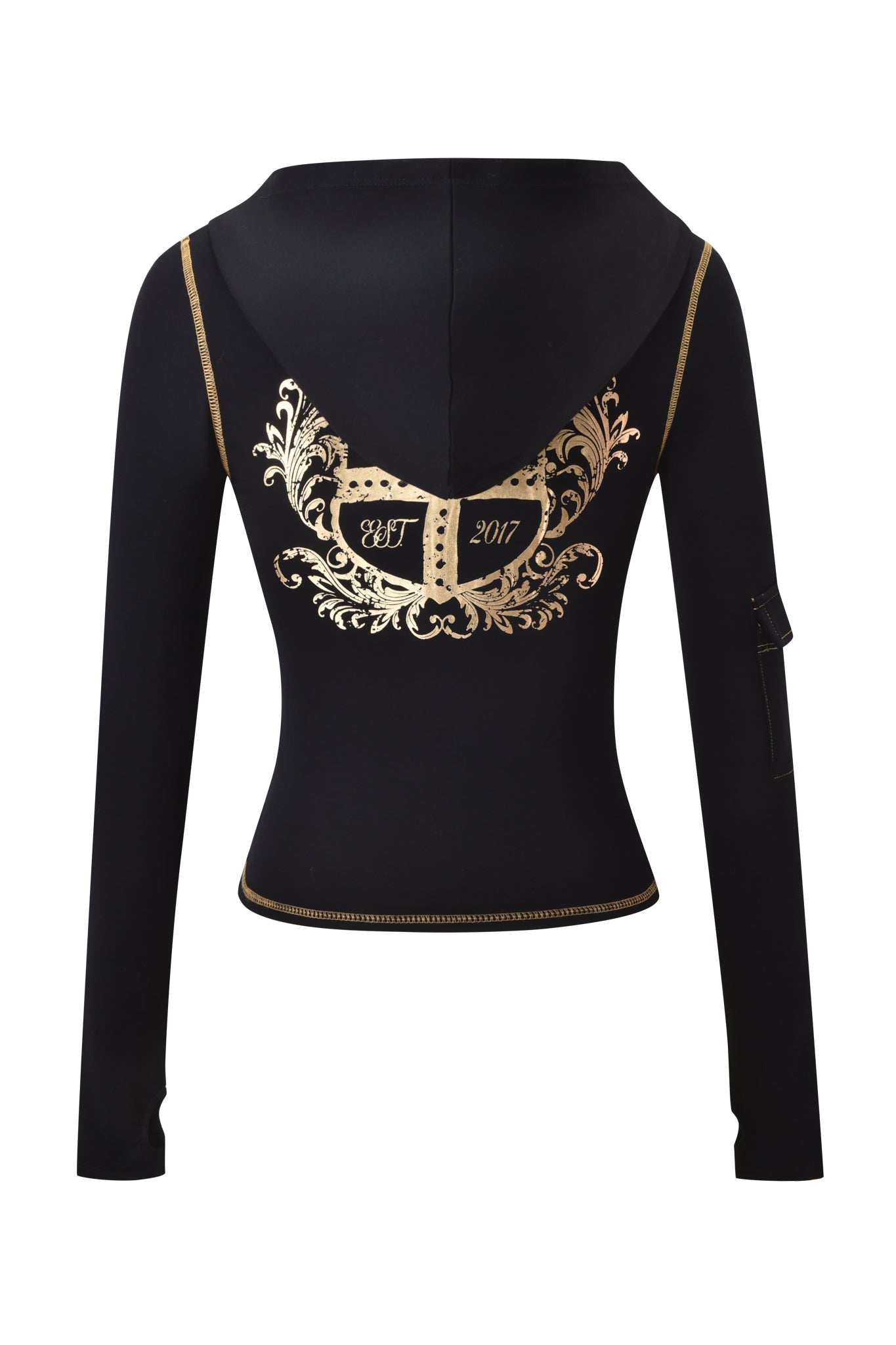 The I.AM.GIA BLARE FORM MULTI POCKET HOODIE in black and gold features a body-hugging fit, gold trim accents, long sleeves, decorative gold designs, and a "CFT 2017" mask motif on the back.