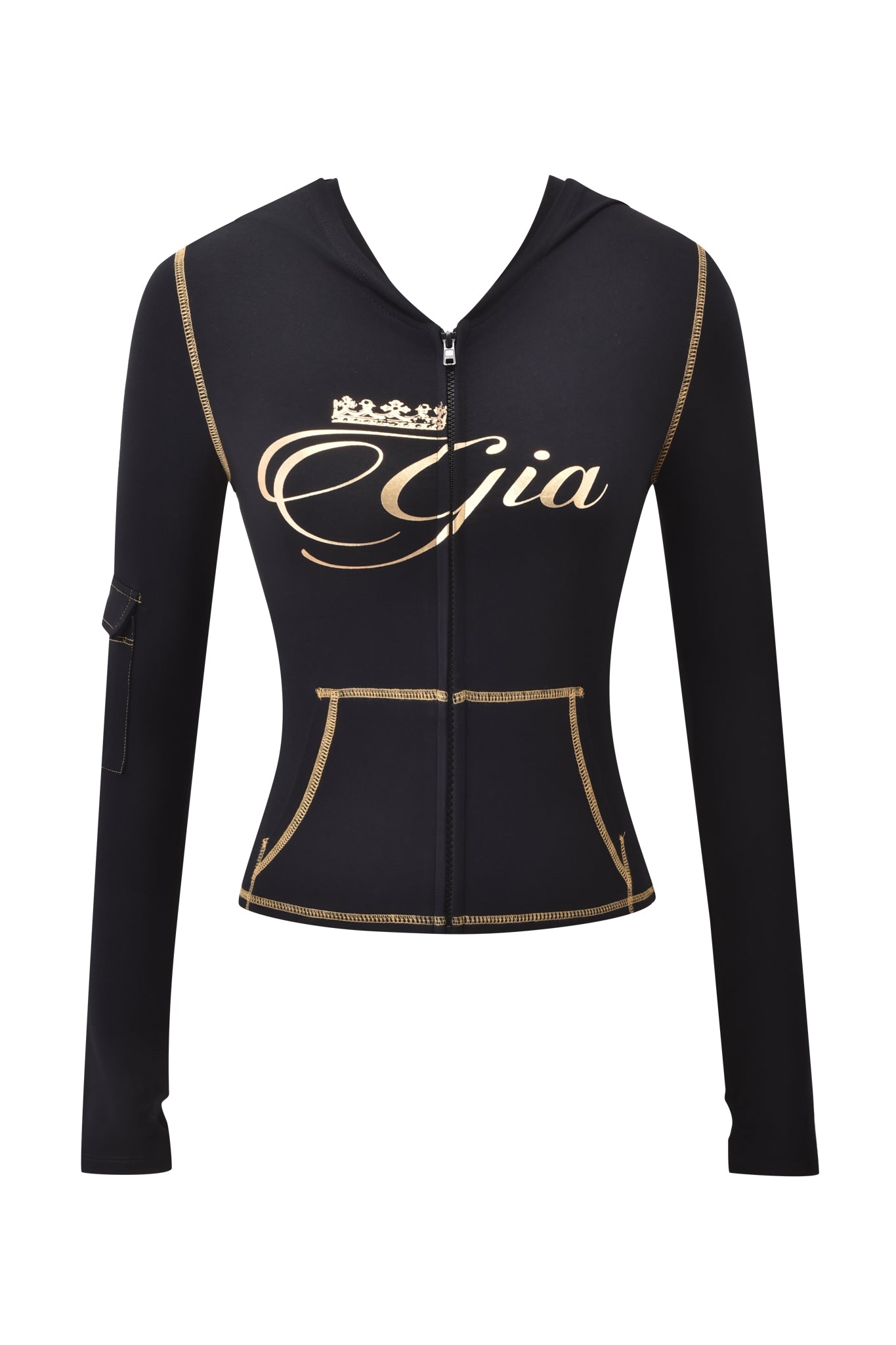 The I.AM.GIA BLARE FORM MULTI POCKET HOODIE in black and gold features a body-hugging fit, gold stitching and trim, front pocket, and "Gia" in large crowned gold script on the chest.