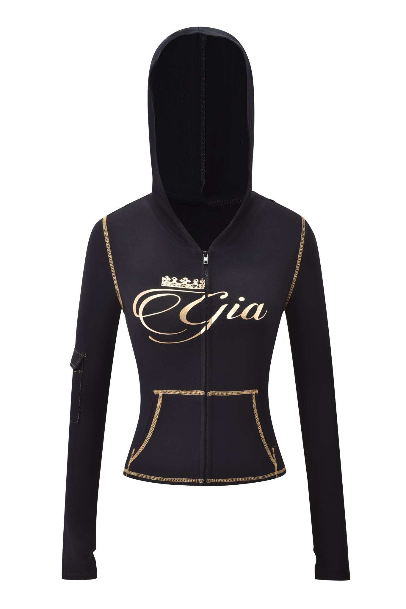 The I.AM.GIA BLARE FORM MULTI POCKET HOODIE in black and gold features a body-hugging fit, gold trim, front pocket, hood, large “Gia” script with crown on the chest, and a zippered sleeve pocket for extra style.