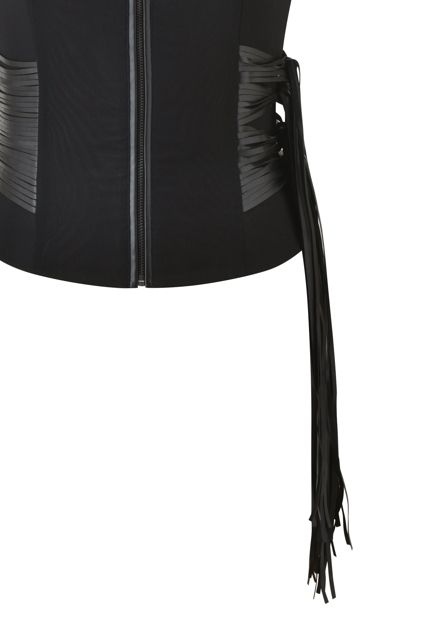 The I.AM.GIA ISELDA FRINGE TOP - BLACK features a front zipper, shiny pleated side panels, and faux leather fringe cascading from the right for a bold asymmetrical look. Photo shows only the torso.