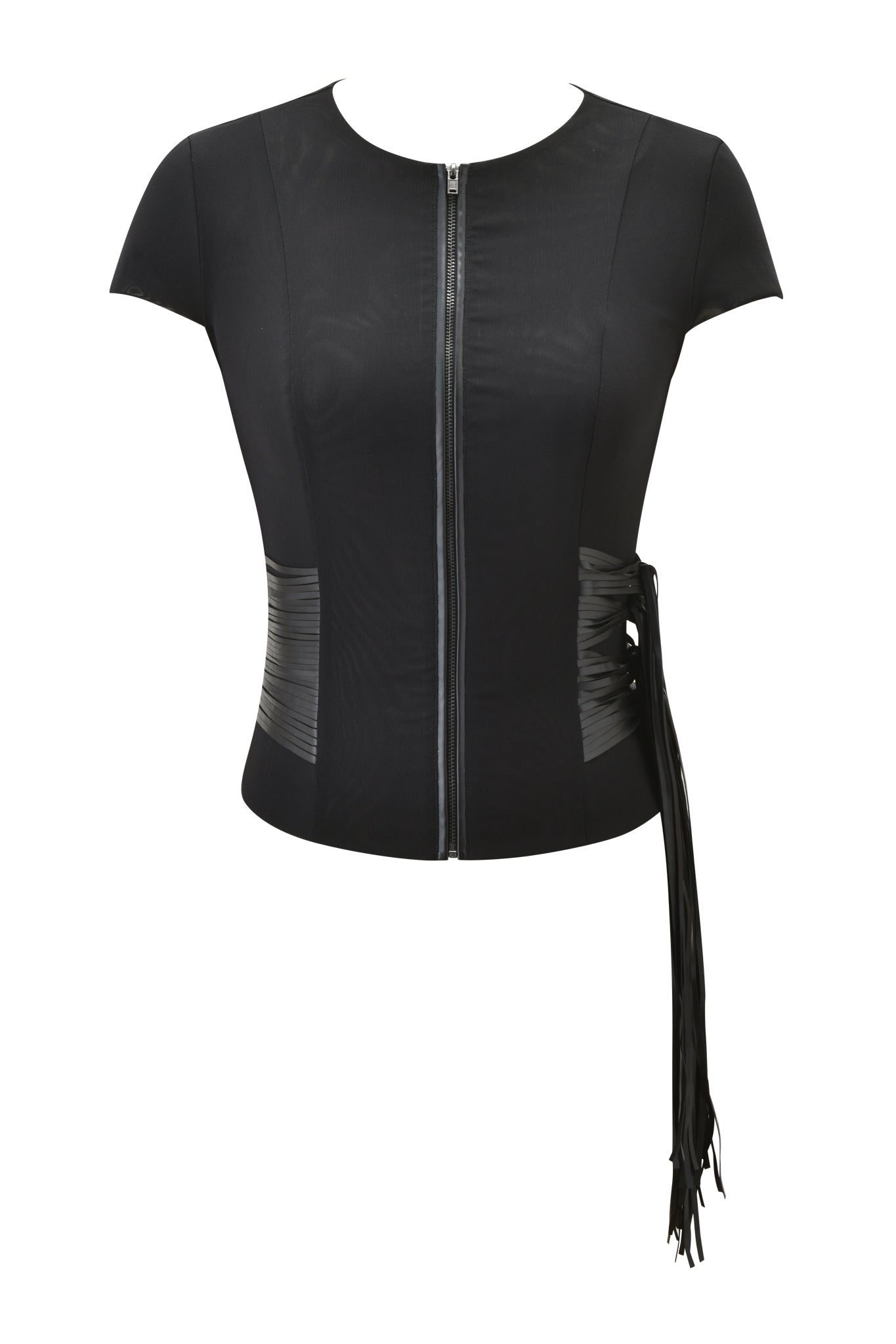 The I.AM.GIA ISELDA FRINGE TOP - BLACK is a fitted, short-sleeve power mesh top with a front zipper, ruched leather-like sides, and long faux leather fringe tassels on the right side. Set against a plain white background.
