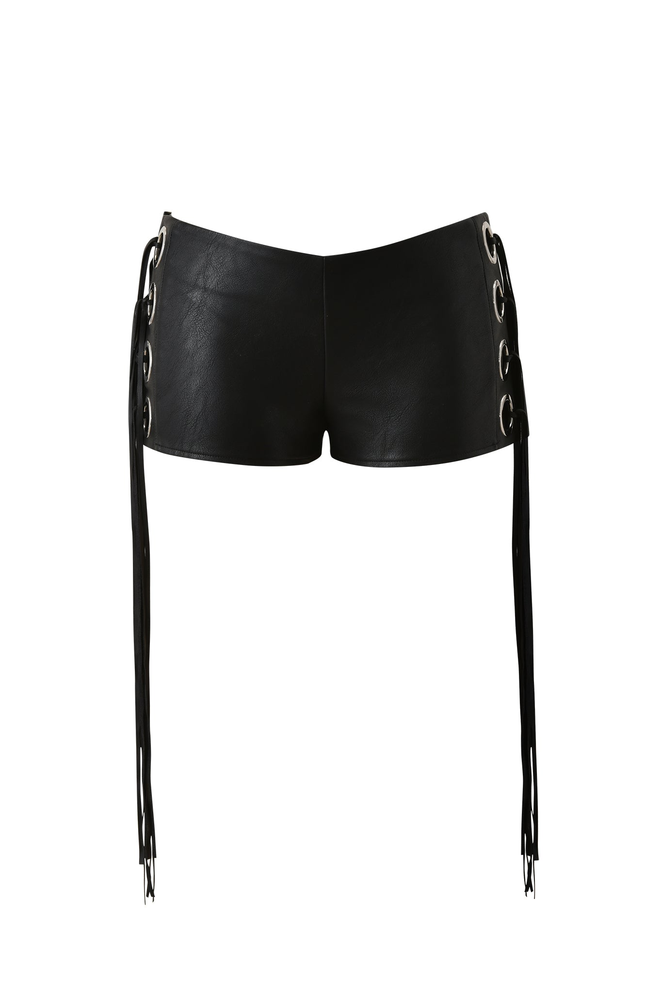 The I.AM.GIA NURI FRINGE SHORT in black features a sleek mid-rise waist, lace-up sides with long string ties, and a faux-leather finish, shown against a plain white background.