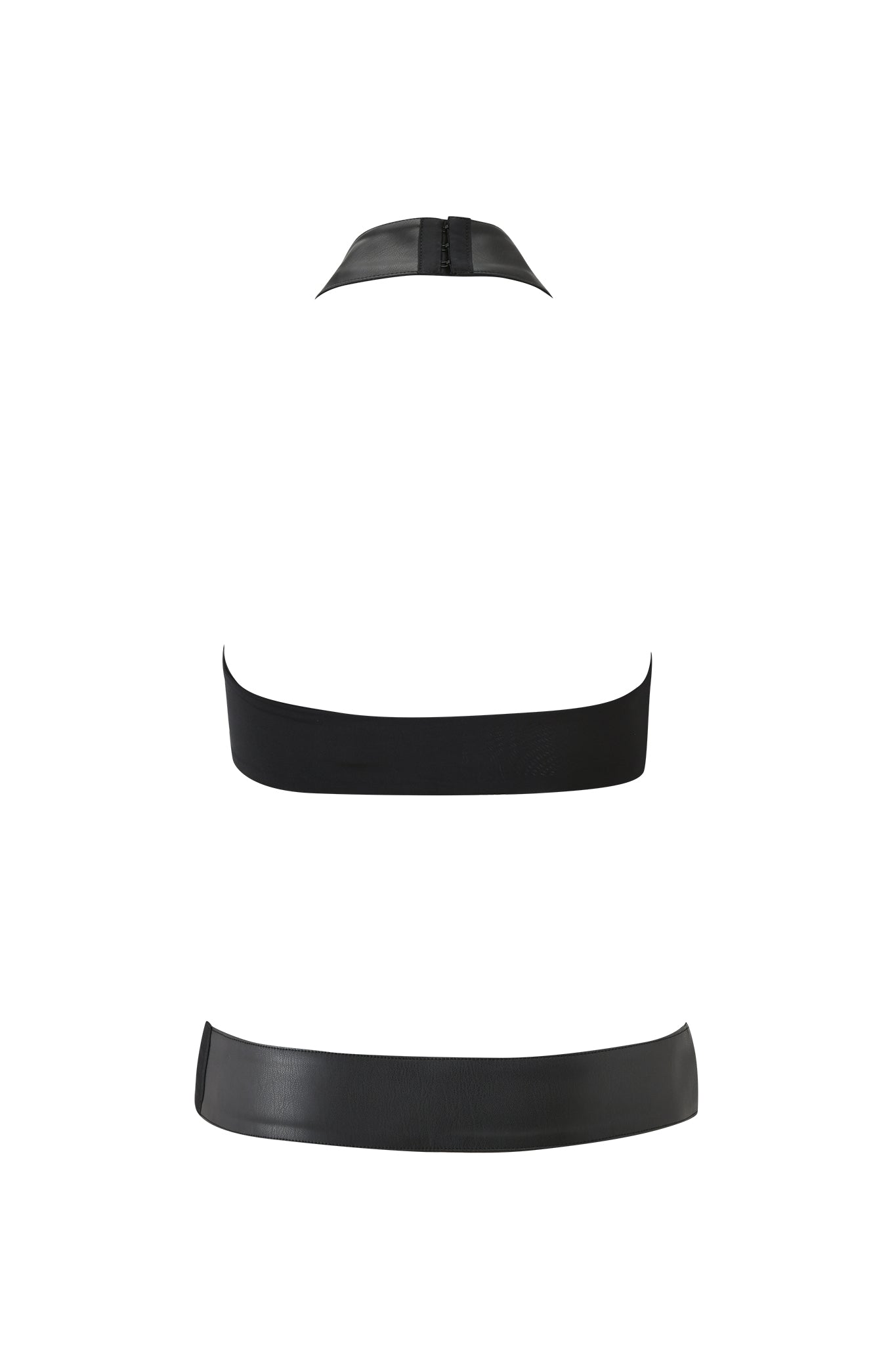 The BRISA FRINGE TOP - BLACK by I.AM.GIA is a minimalist black halter-neck bikini top with a wide bust band and open-back design, shown with matching waistband bottoms on a white background.