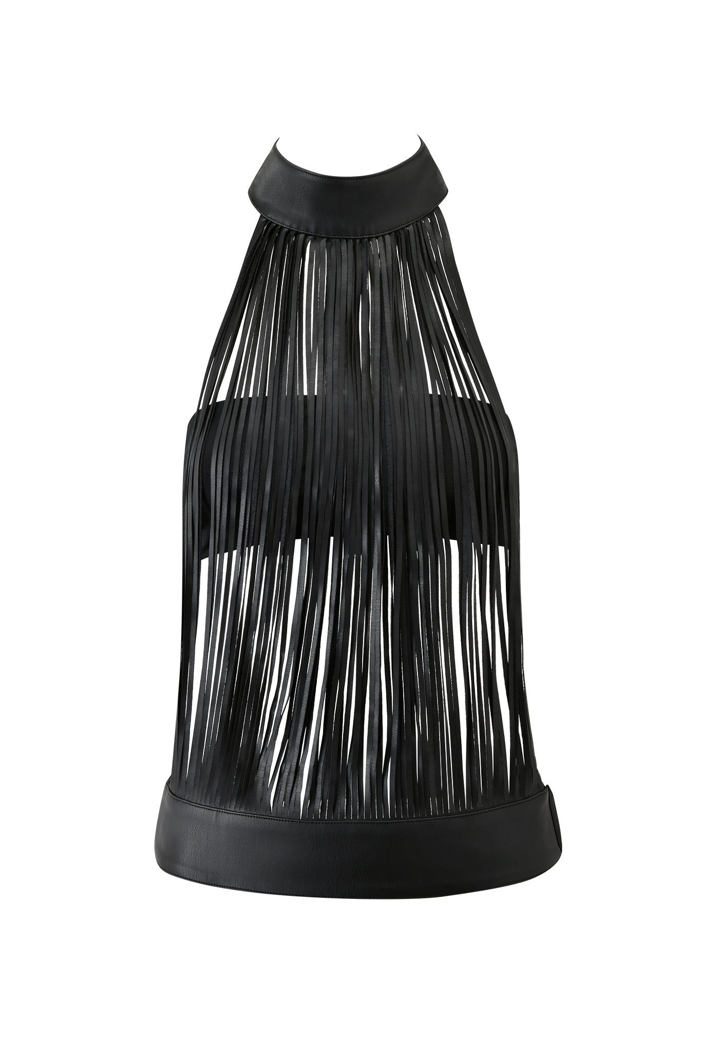 The I.AM.GIA BRISA FRINGE TOP - BLACK is a faux-leather high-neck top with an open front and long, thin fringe strips hanging vertically from neckline to hem, finished with solid black bands at the top and bottom.