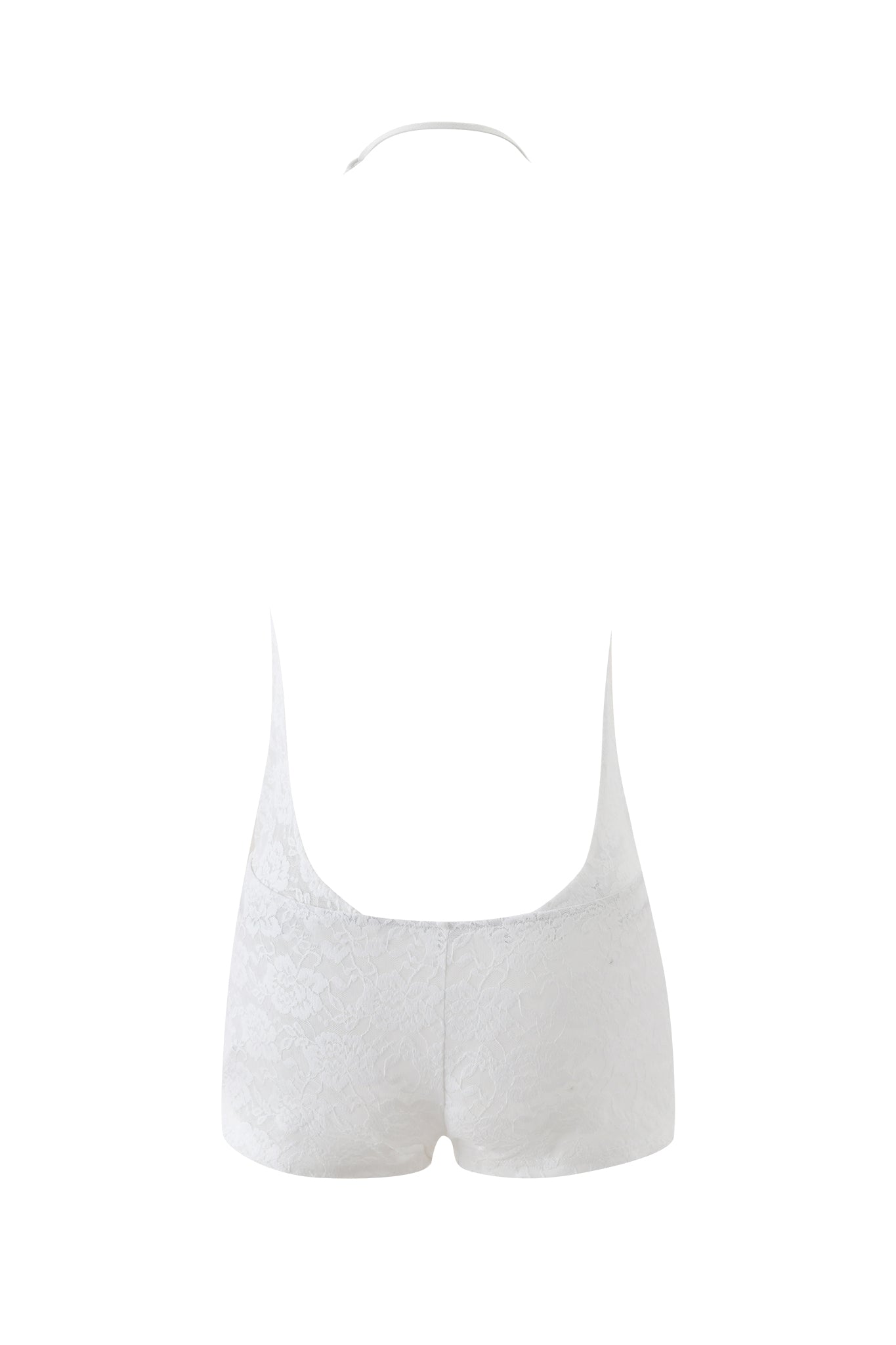 The PHERN PLAYSUIT in white by I.AM.GIA is a short-style playsuit featuring a deep plunge halter, low-cut back, and delicate floral lace. Shown from the back on a white background.