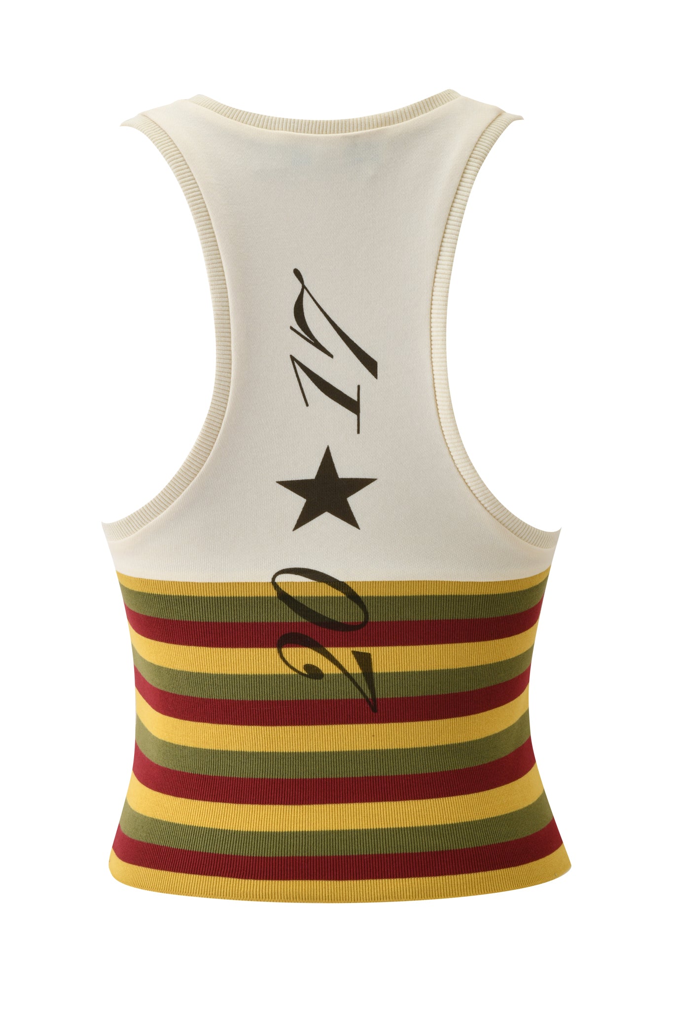 The CANDI TOP - CREAM by I.AM.GIA is a sleeveless, ribbed V-neck racer back top with black numbers, a star, cream upper and bold diagonal text, plus a bodycon fit lower in red, yellow, green & brown stripes.
