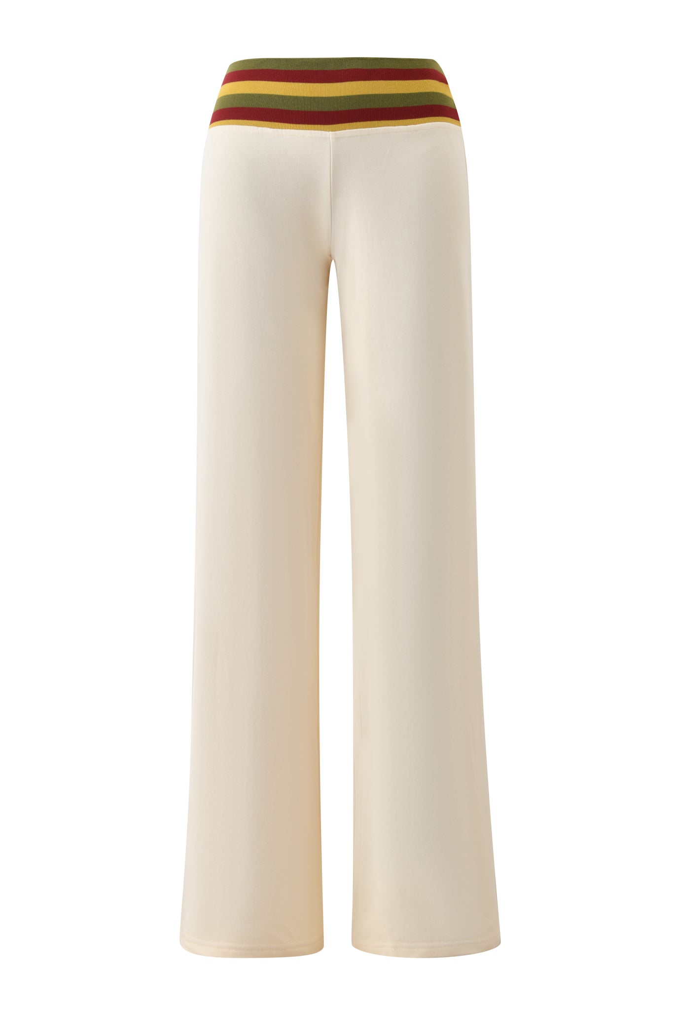 The CANDI PANT - CREAM by I.AM.GIA features wide legs, a high waist, and a thick cream waistband with red, yellow, and brown stripes. Made from soft, flowy material for signature tracksuit style against a white background.