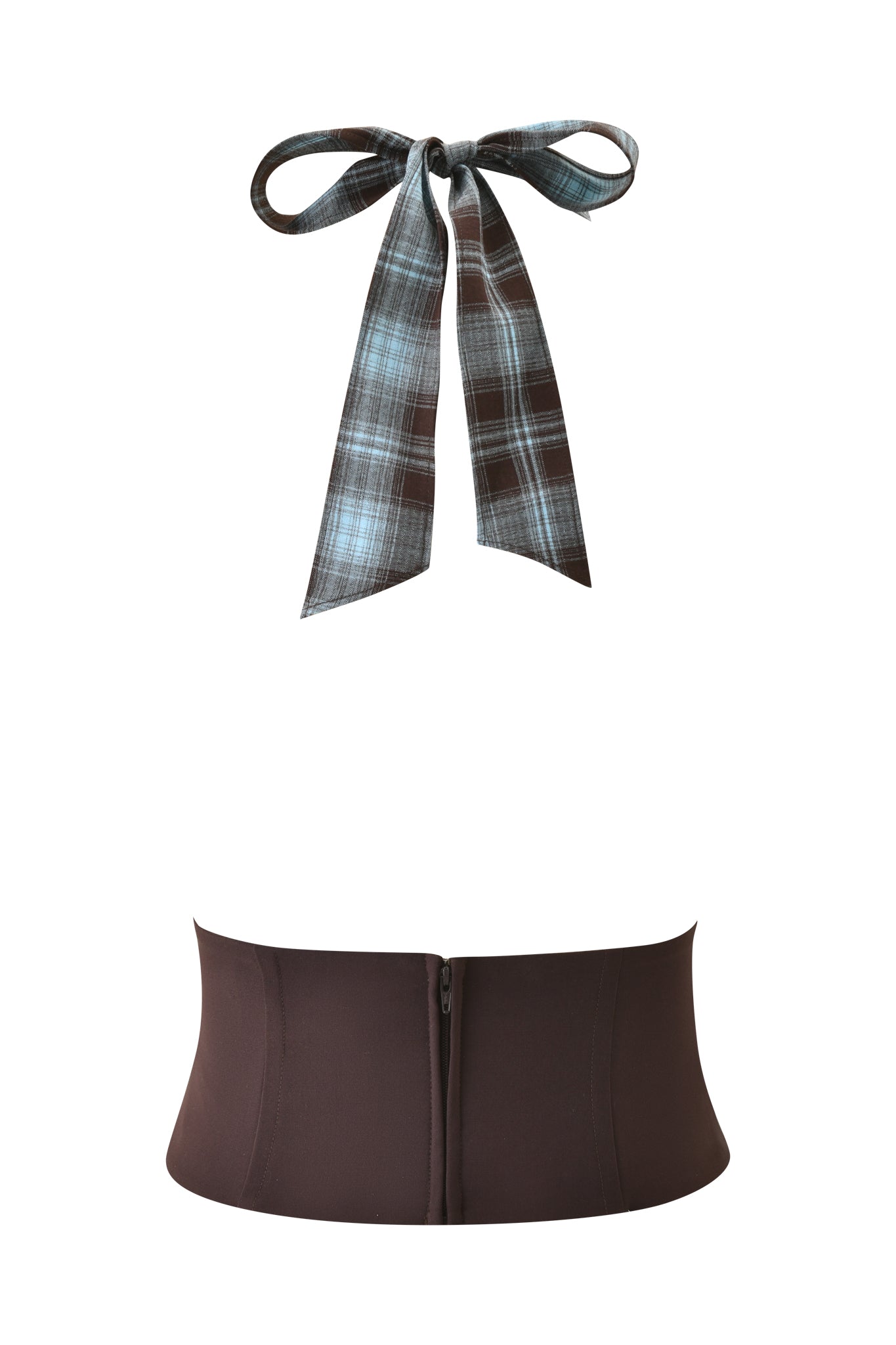 The ROUX COWL CORSET in blue plaid by I.AM.GIA features a brown waistband with back zipper and a long-tailed brown plaid bow, inspired by classic flannel details, shown against a white background.