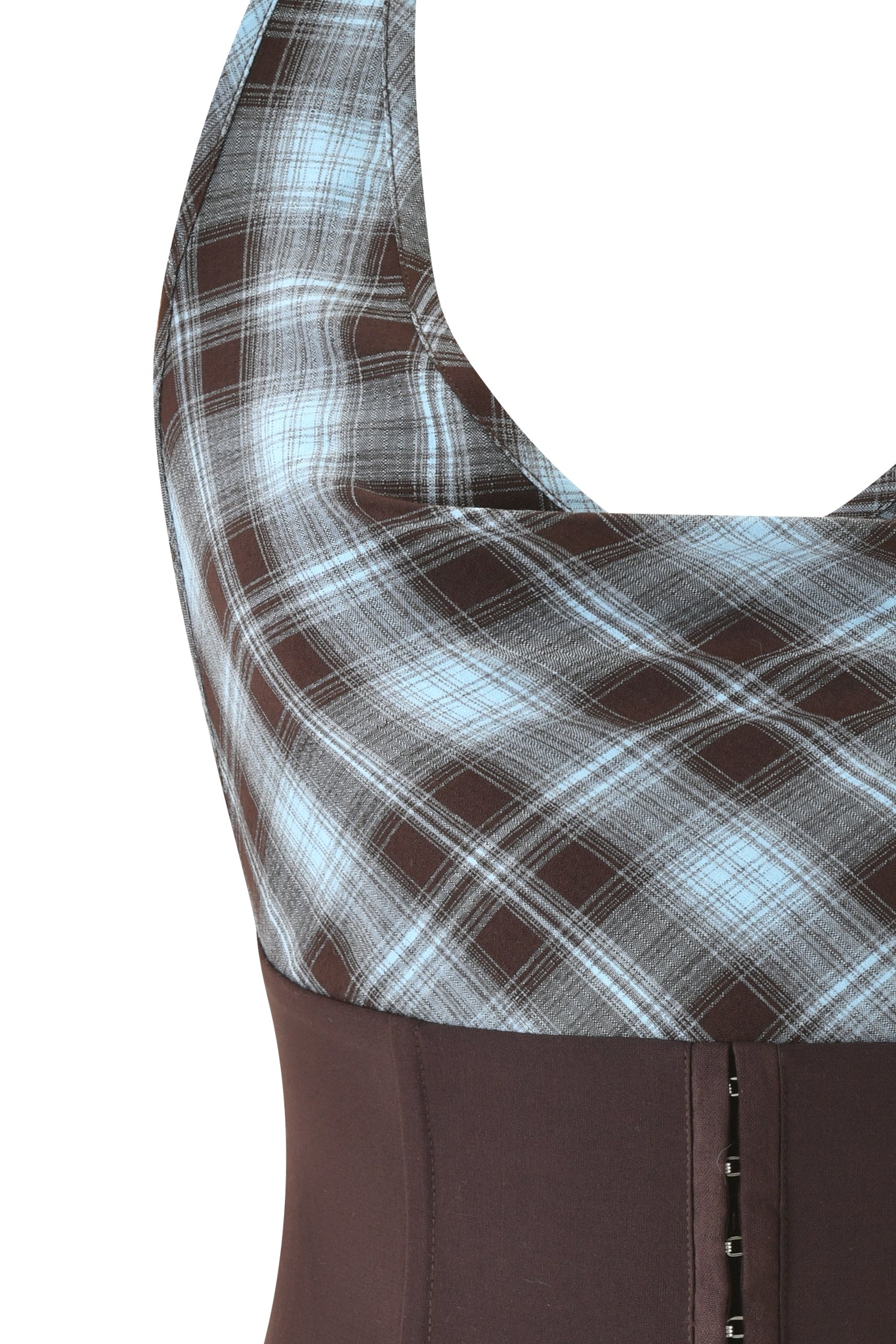 Close-up of the I.AM.GIA ROUX COWL CORSET in blue plaid, showcasing a sleeveless design with a corset-style top, solid brown skirt, and vertical hook-and-eye closures on the bodice.