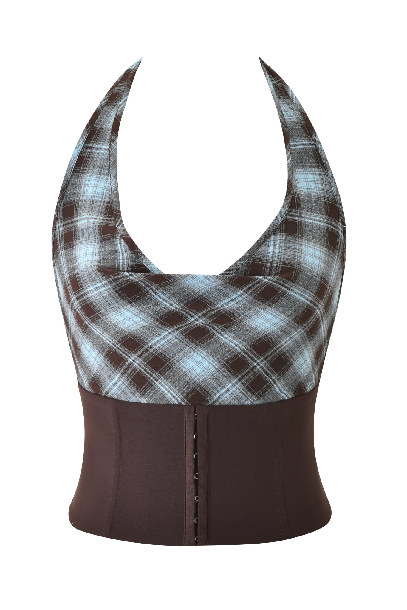 The I.AM.GIA ROUX COWL CORSET - BLUE PLAID is a sleeveless corset top with a brown and light blue plaid chest, solid brown fitted waist, and front hook-and-eye closure.