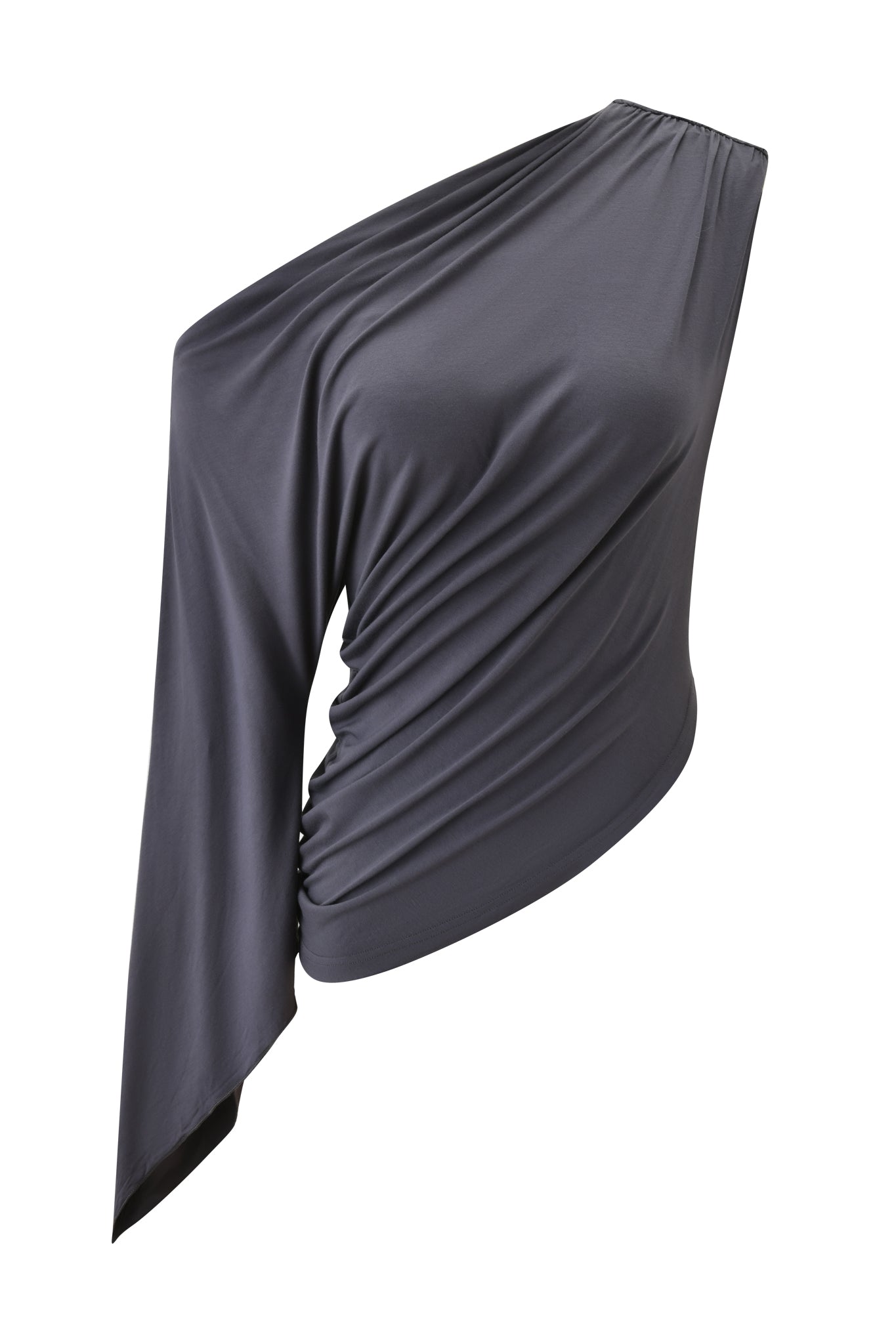 The VIOLETTE ASYMMETRICAL TOP - GREY by I.AM.GIA features a dark gray, draped, fitted silhouette with a single long sleeve on the left and an exposed right shoulder for a chic, modern style.