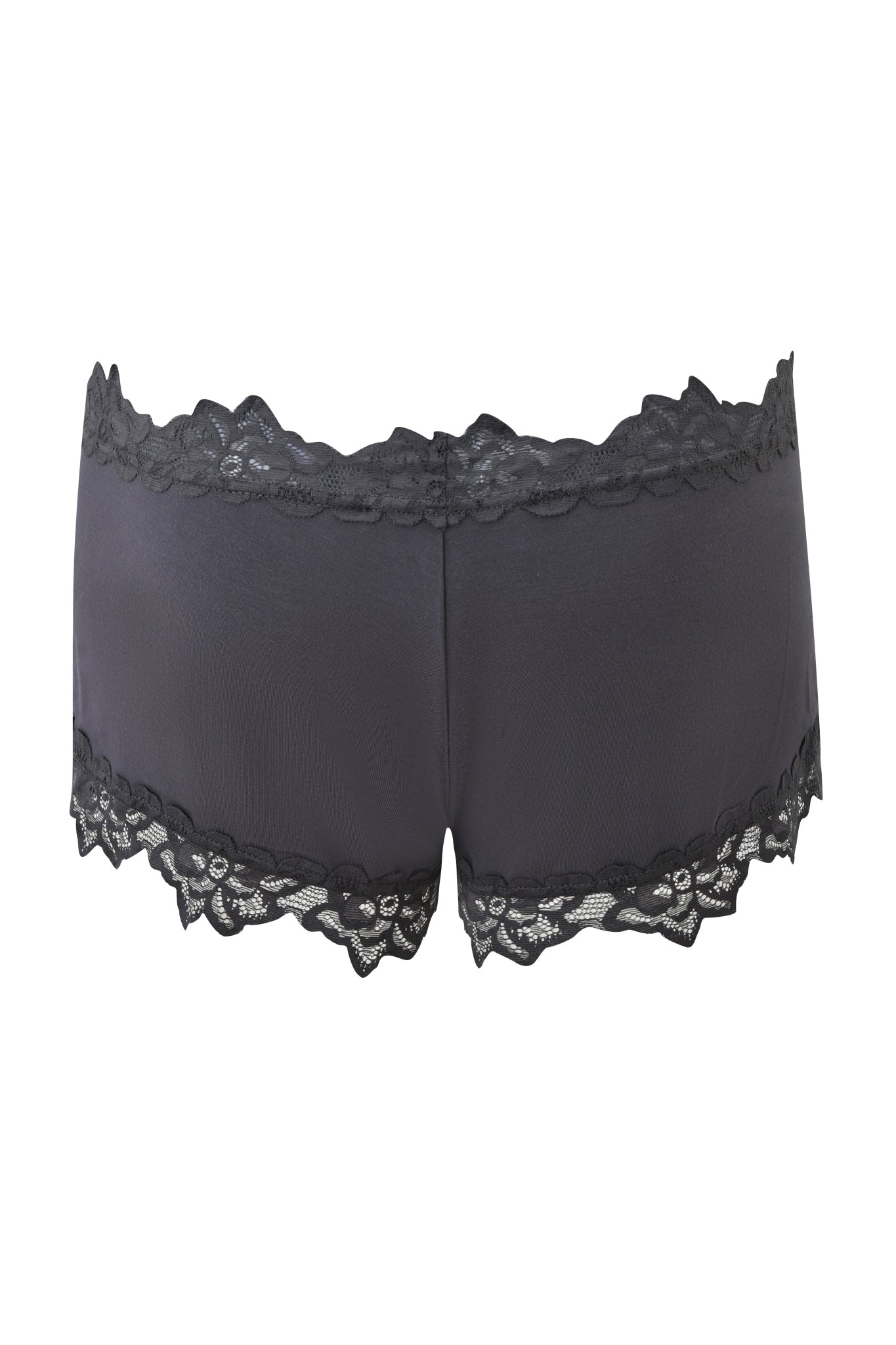 The VIOLETTE SHORT - GREY by I.AM.GIA are women’s dark grey micro mini shorts with a low rise, featuring delicate scalloped lace trim at the waistband and leg openings, shown on a white background.