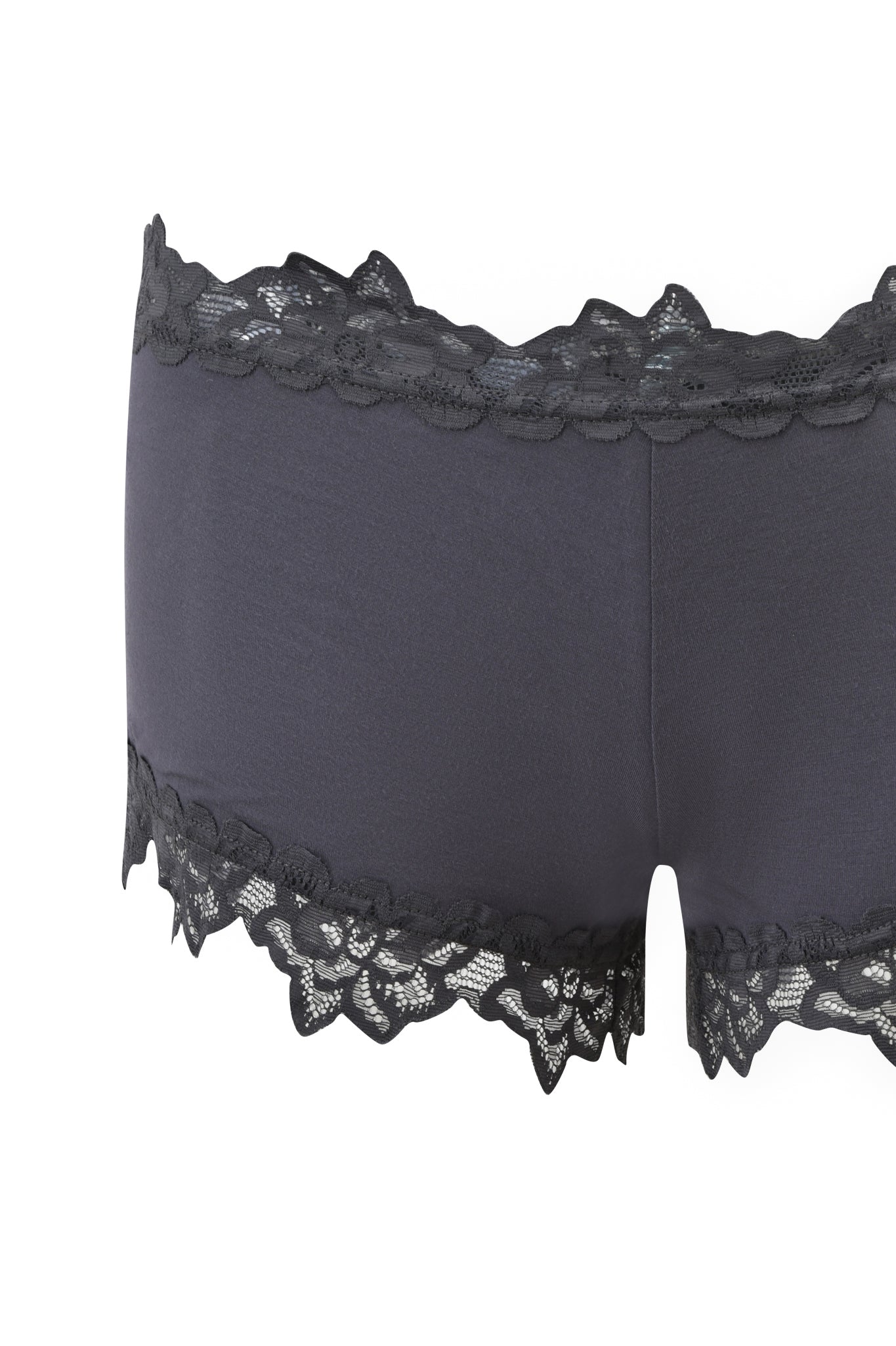 The VIOLETTE SHORT - GREY by I.AM.GIA is a dark grey low-rise women's boyshort featuring delicate lace trim and scalloped edges at the waistband and leg openings, displayed against a white background.