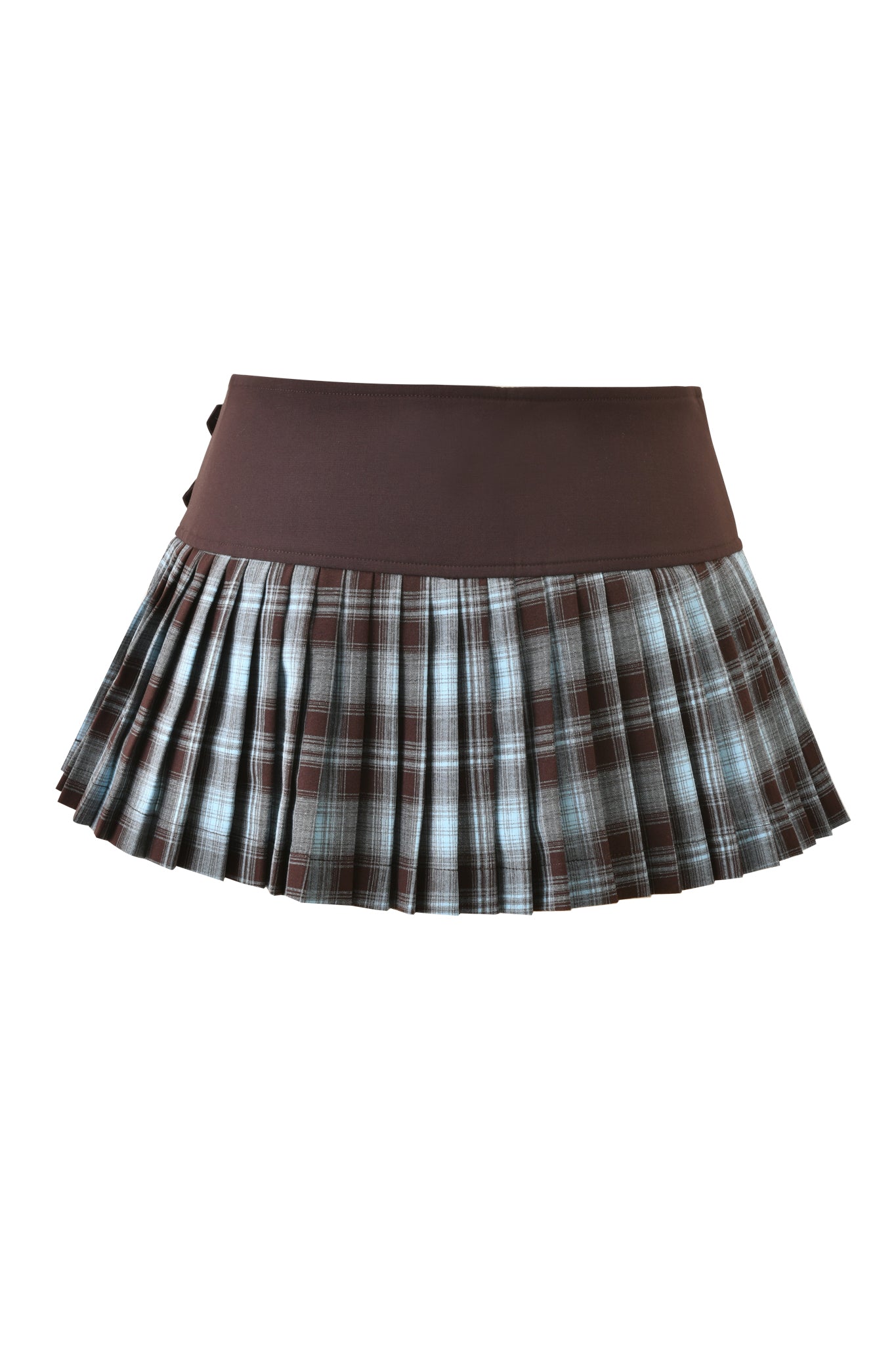 The I.AM.GIA ROUX MINI SKORT 2.0 in blue plaid features a brown waistband and pleated brown and blue plaid fabric, shown against a white background.