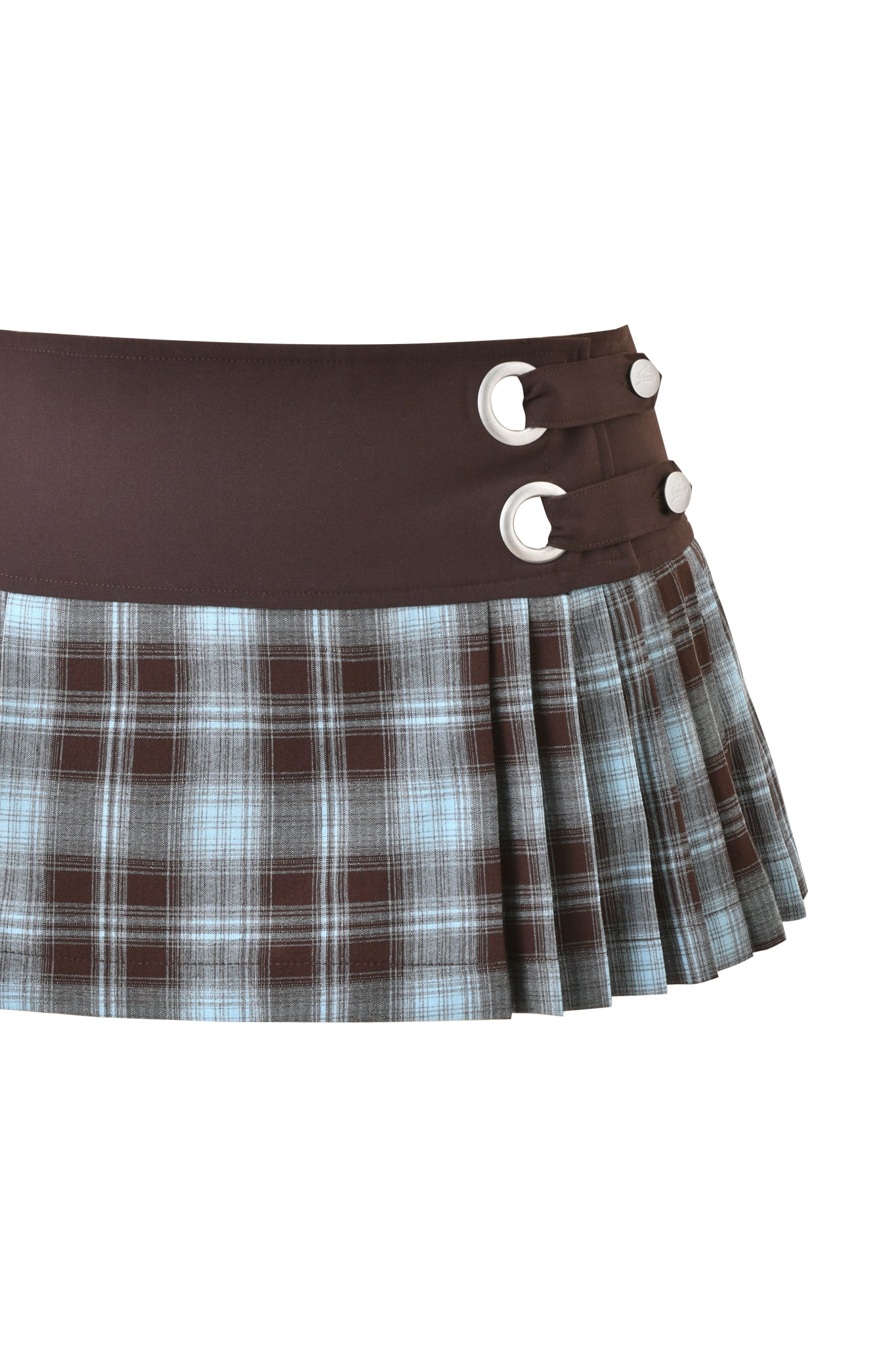 The I.AM.GIA ROUX MINI SKORT 2.0 in blue plaid features a pleated micro mini design with a solid brown waistband, two horizontal side straps, and silver buckle accents.