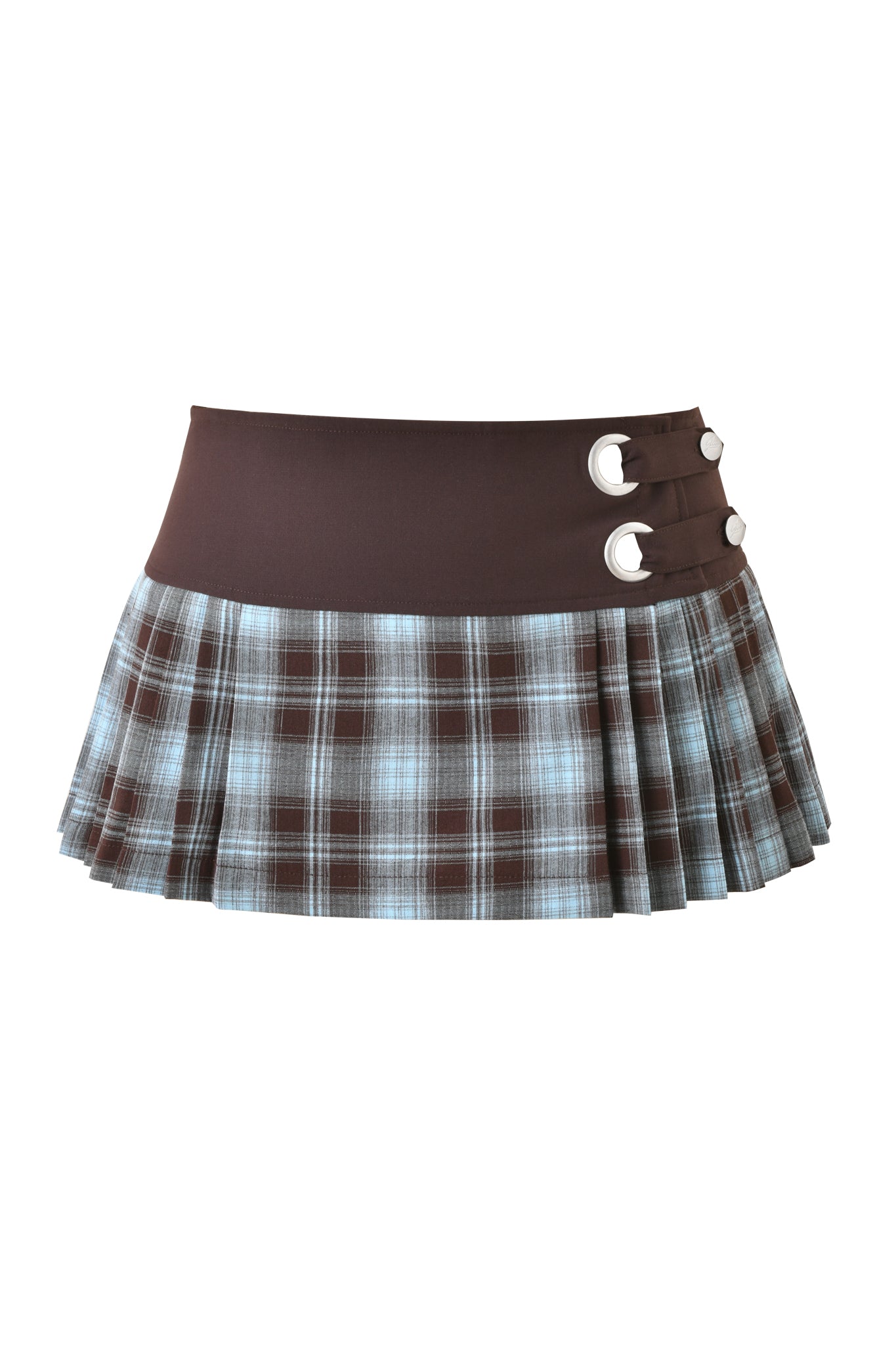 The I.AM.GIA ROUX MINI SKORT 2.0 - BLUE PLAID features a brown and blue plaid design, a solid brown waistband, and two silver buckles on one side for a chic, modern look.
