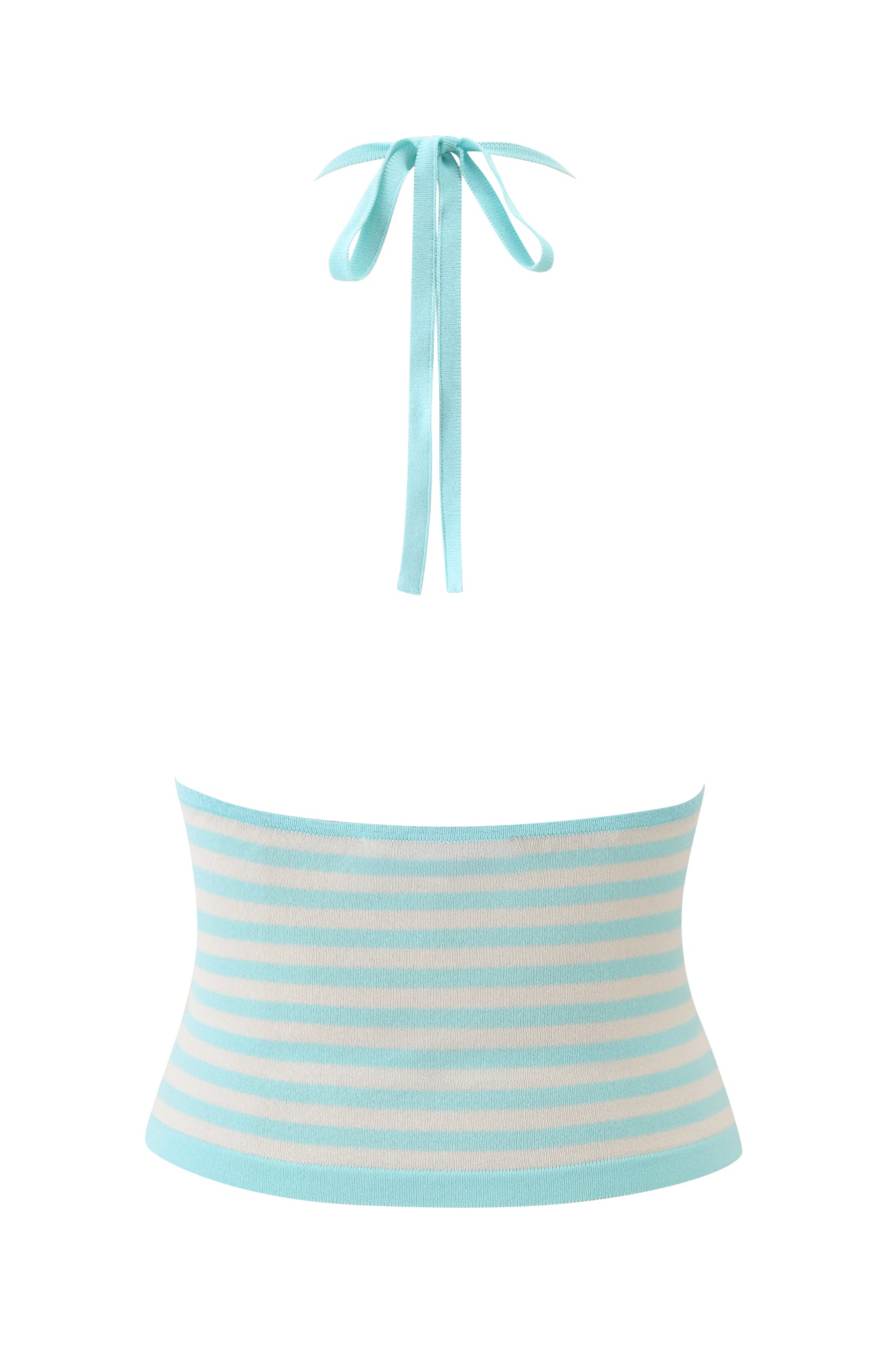 The ZINNIA HALTER TOP by I.AM.GIA features blue and ivory stripes in a knit bandeau style with a neck tie, shown on a white background.