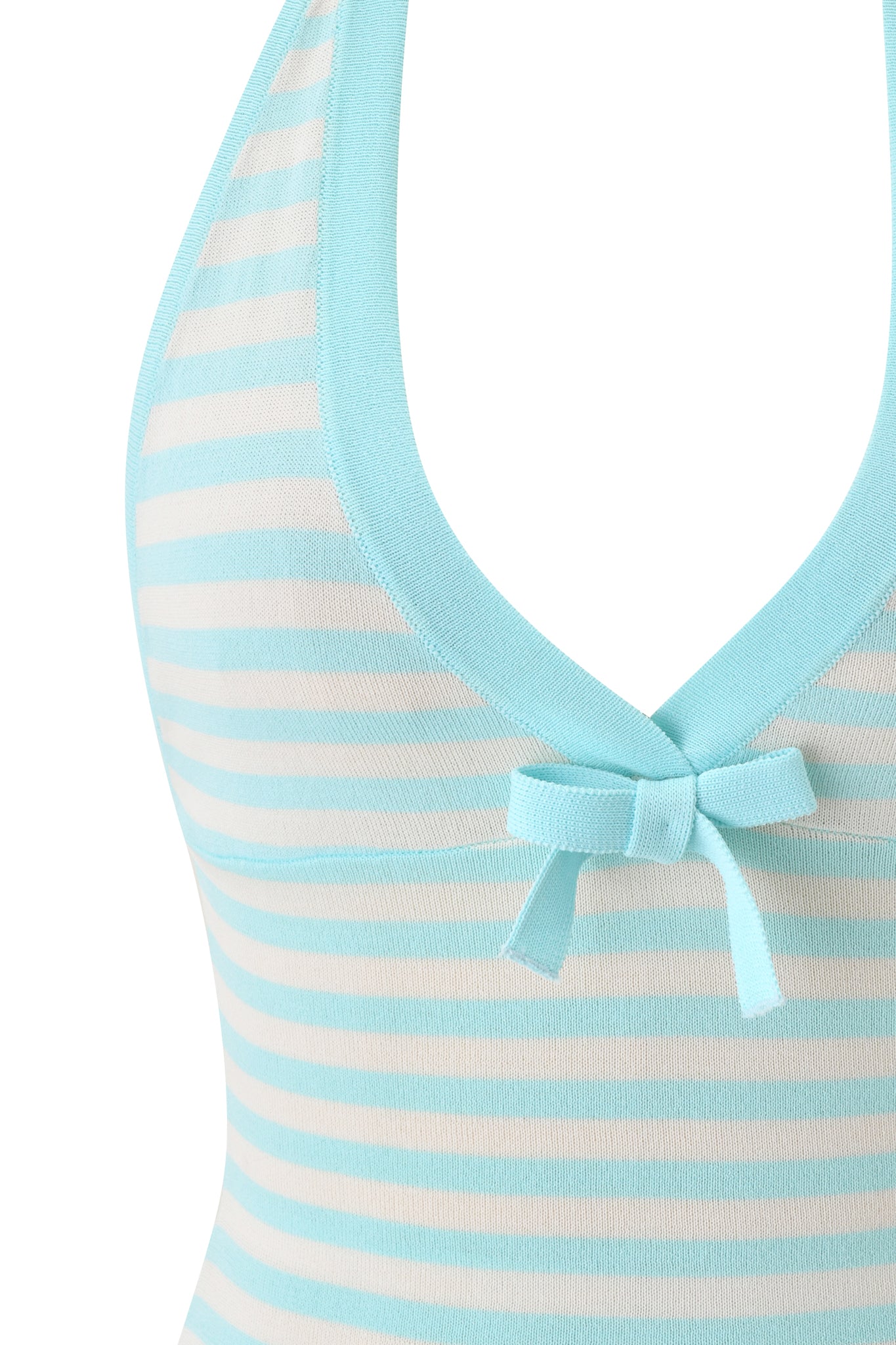 Close-up of the I.AM.GIA ZINNIA HALTER TOP in blue and ivory, featuring stripes and a small decorative bow at the center chest.