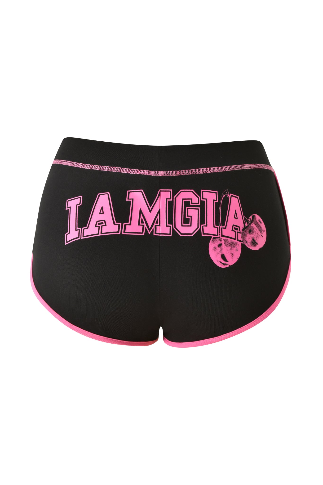 The BLARE DOLPHIN SHORT - BLACK by I.AM.GIA features black bamboo fabric with pink trim, bold pink "IAMGIA" lettering, and two playful pink cherries on the back—an eye-catching mini short ideal for standout summer beachwear.
